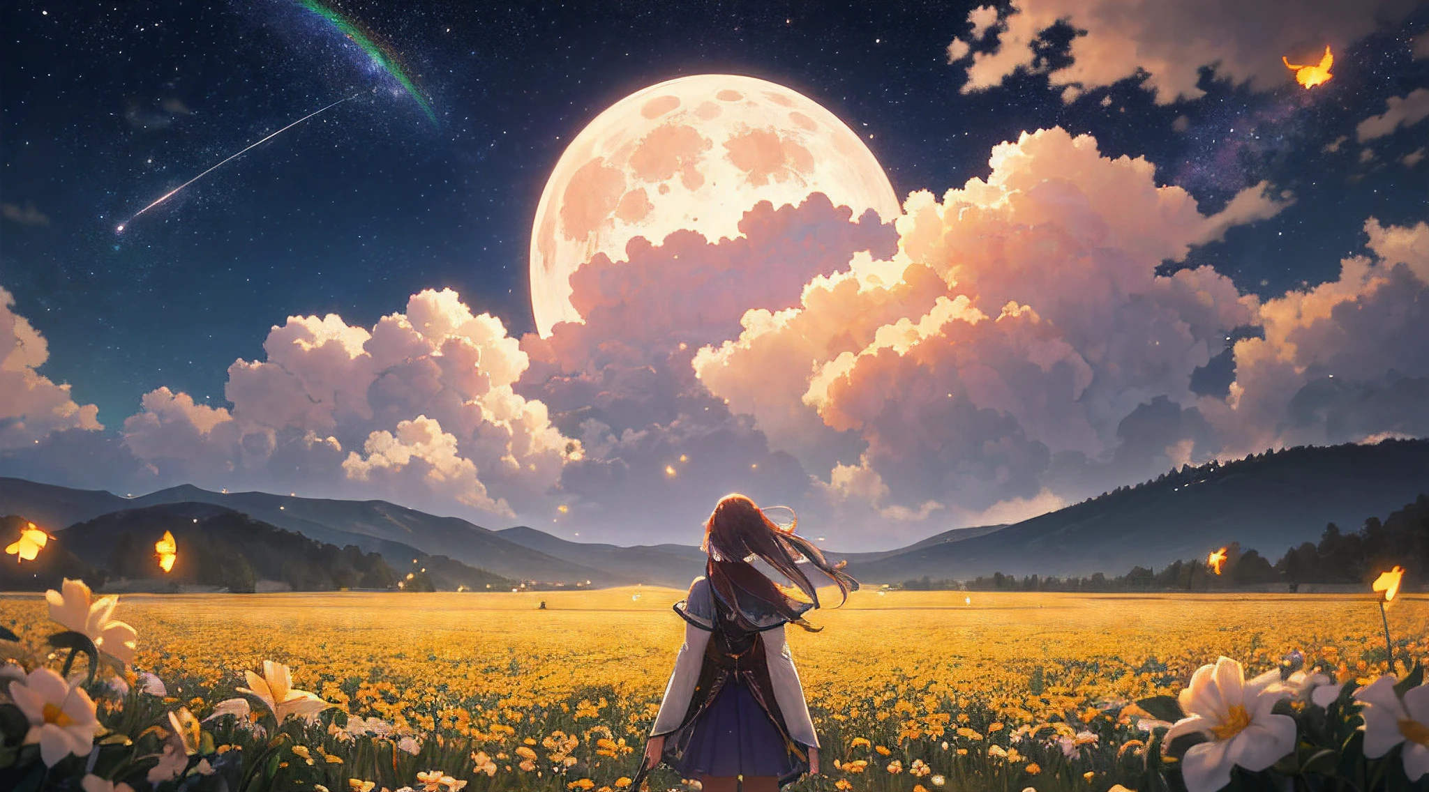 Vast landscape photo, (viewed from below, the sky is above and the open field is below), a girl standing on a flower field looking up, (full moon: 1.2), (meteor: 0.9), (nebula: 1.3), distant mountains , Trees BREAK Crafting Art, (Warm Light: 1.2), (Fireflies: 1.2), Lights, Lots of Purple and Orange, Intricate Details, Volumetric Lighting, Realism BREAK (Masterpiece: 1.2), (Best Quality), 4k, Ultra-Detailed, (Dynamic Composition: 1.4), Very Detailed, Colorful Details, (Rainbow Colors: 1.2), (Glow Lighting, Atmospheric Lighting), Dreamy, Magical, (Solo: 1.2)