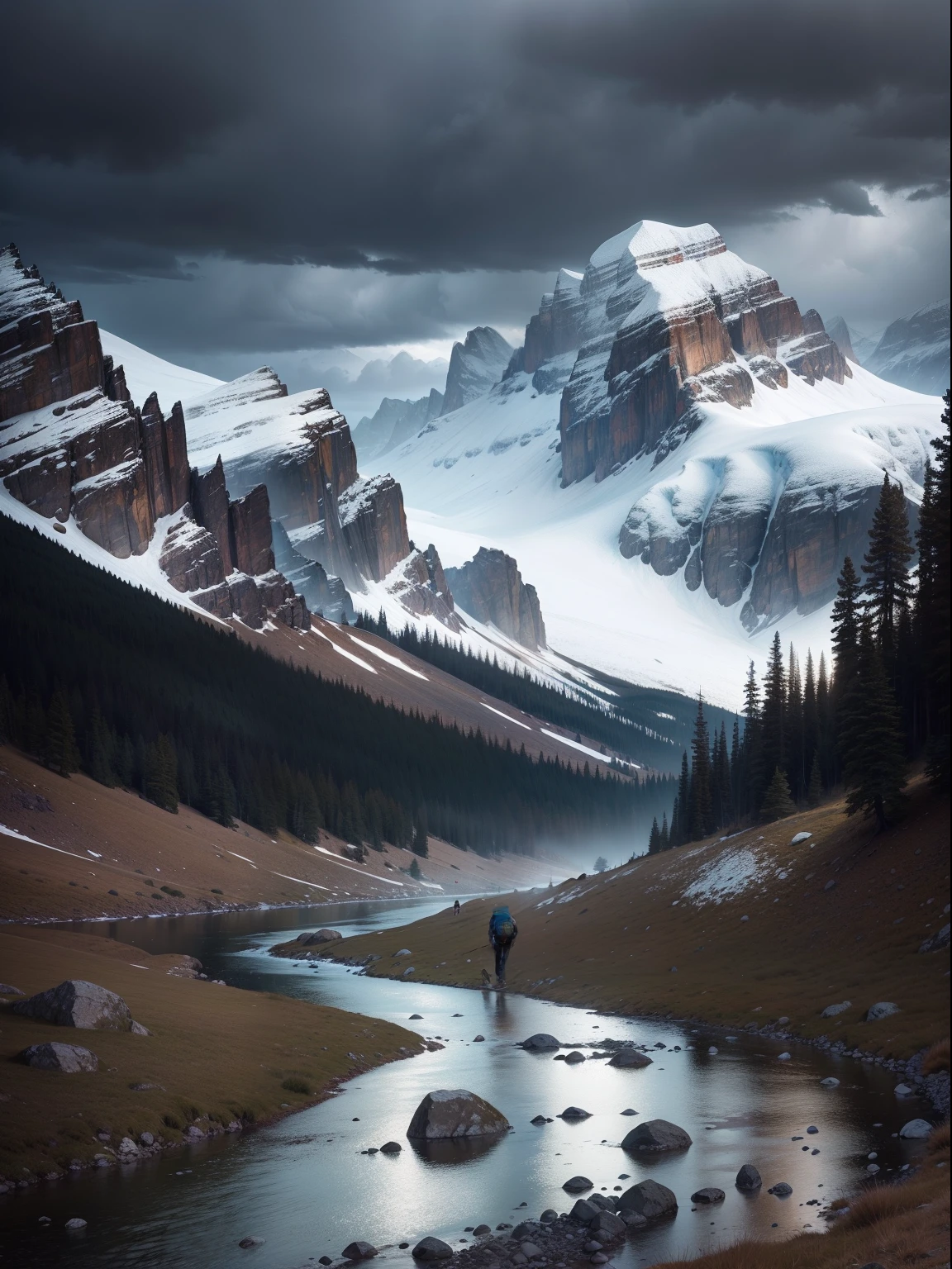 Hikers hike in the Rocky Mountains, Dark sky, Rainy weather, Cold, Grass，rios，ice river