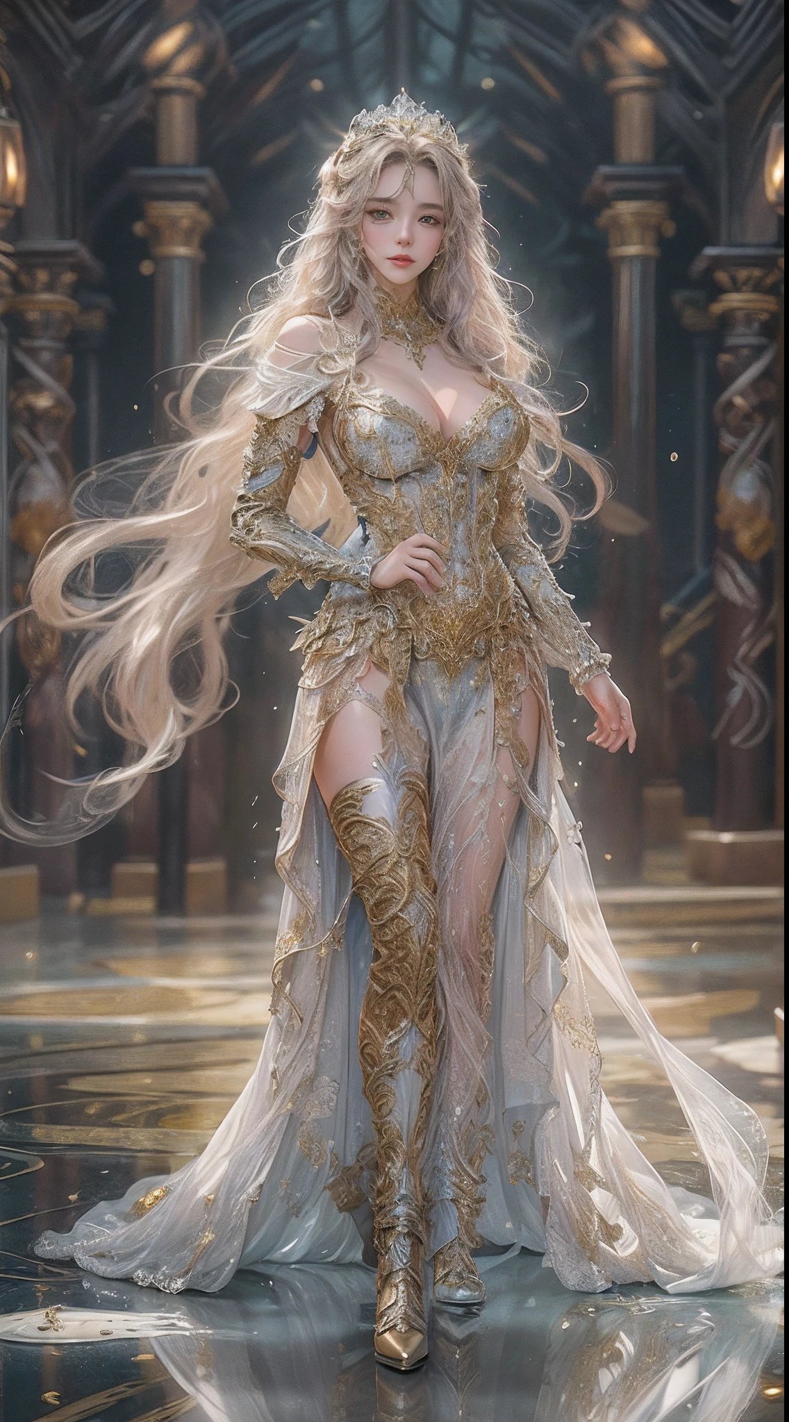 Woman in a golden transparent dress,High heels, (((Huge breasts, Large cleavage))),Slim waist,(Bare waist), Long hair, micro-curly hair, Ultra-detailed details,High-end Zhenyi station, Rainstorm site, detailed fantasy art, Stunning character art, Beautiful and exquisite character art, Beautiful gold and silver armor, Extremely detailed, Girl in shiny armor, Exquisite tiaras and jewelry,Crystal jewelry filigree, Full body capture, milky ways, Stunning visuals, (dynamic streaks, light tracks:1.2), Vibrant colors,