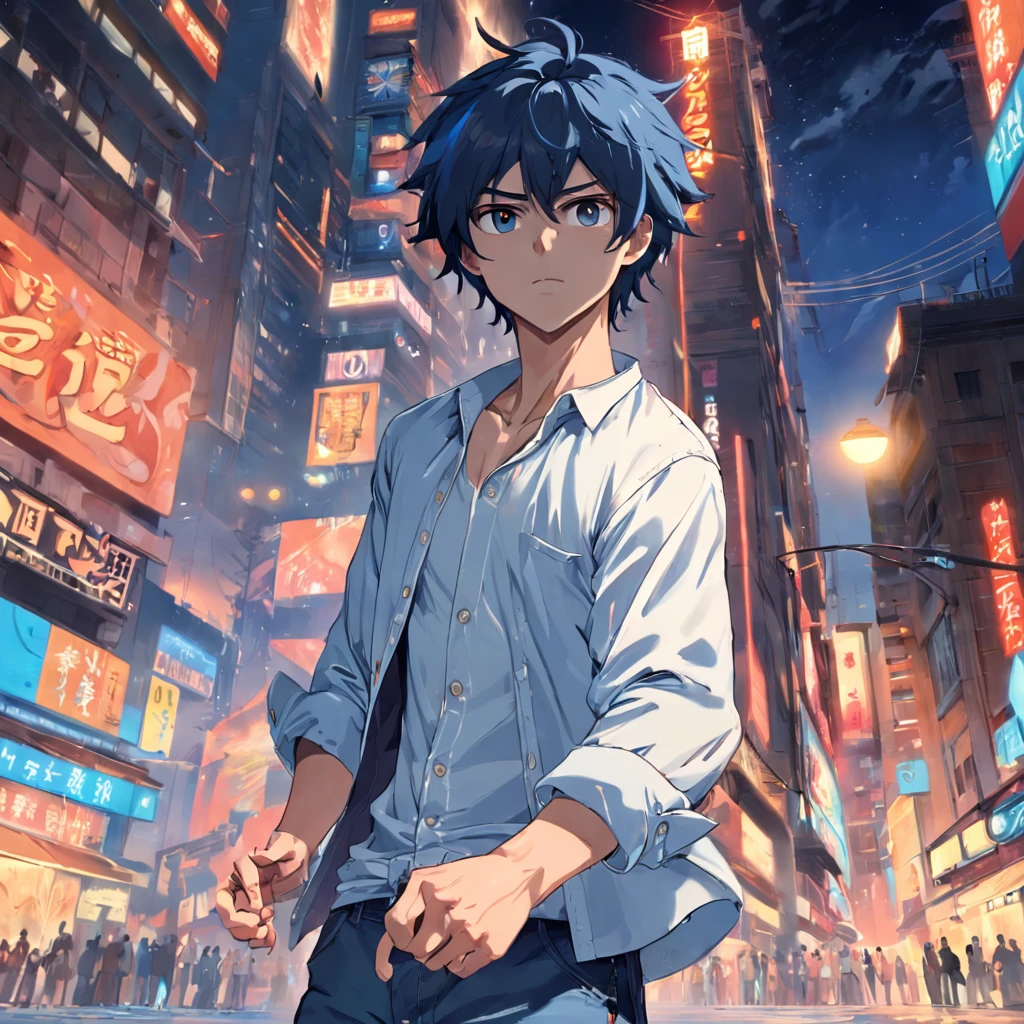 HOMEM JOVEM, LOIRO, BONITO, FLUTUANDO NO AR, VENTO CIRCULANDO EM VOLTA, ILLUMINATED OPEN HANDS, BLUE JEANS SHIRT WITH BUTTONS ON THE OUTSIDE AND WHITE SHIRT ON THE INSIDE, white long pants, red sneakers, serious face expression, OLHOS AZUIS, CABELO RUIVO, Soft lighting and Warm, PESSOAS EM VOLTA, AMBIENTE URBANO NOTURNO..