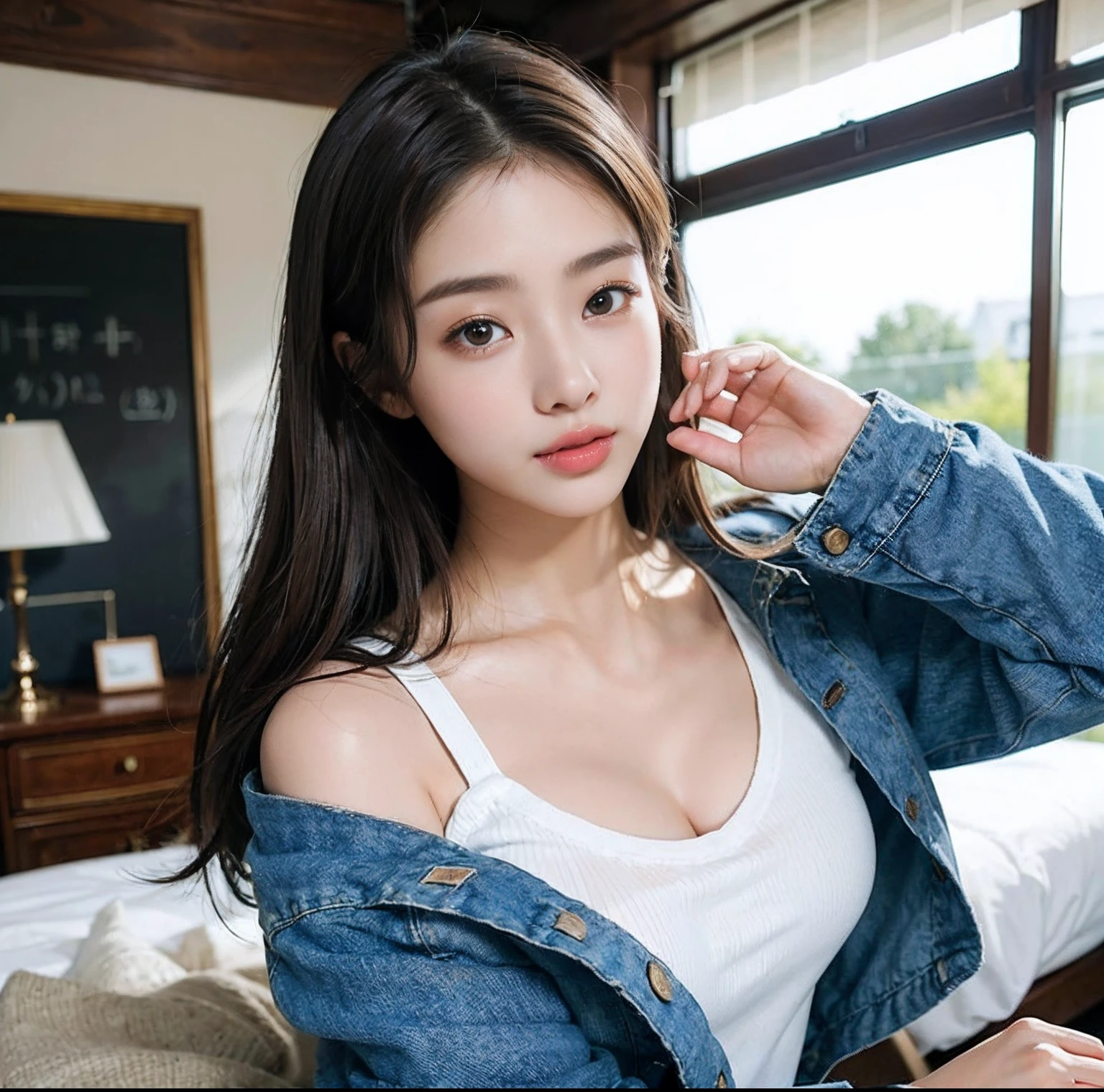 (top-quality、masterpiece)、(Realistic lighting with shadows)、huge filesize、hight resolution、elegent、realisitic、intricate detailes、(Perfect anatomical depiction of the human body)、1 girl with big、((Miraculous Super Size))、She is a girl、((Beautiful light brown eyes with glowing highlights))、Her charming little thin lips are、No lipstick, however、It's shiny、long、hi-school girl、denim jackets、White T-shirt、leather pant((The girl's breasts are not exposed at all))But、Very large breasts、Very beautifully、Looks like a school goddess。This picture is taken from the front.(It is a photo of a smile that looks like a wonderful flower blooming、full body Esbian、Look into the camera