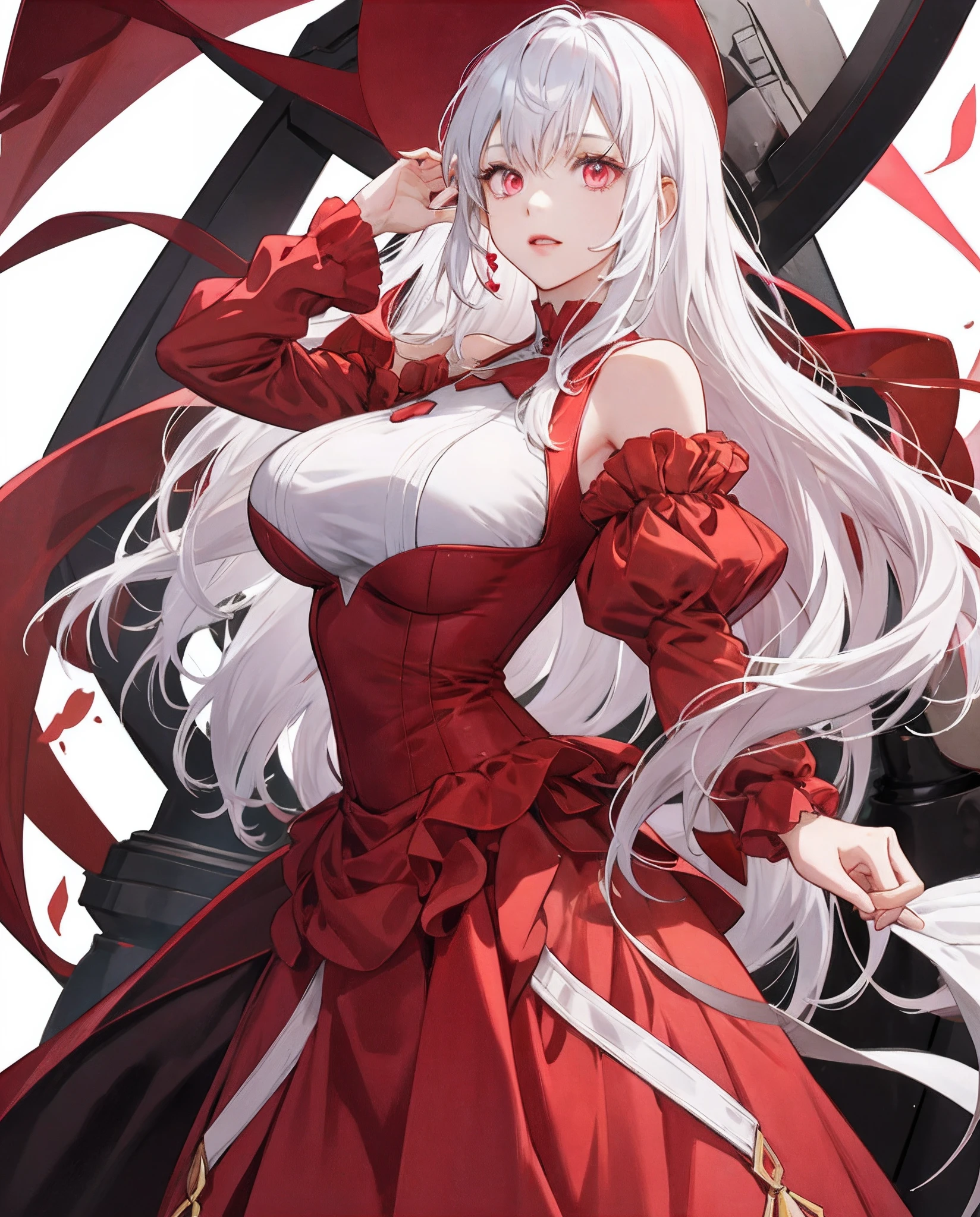 s girl，anime big breast，white color hair，Pink eyes，The figure is good，Wear a red dress