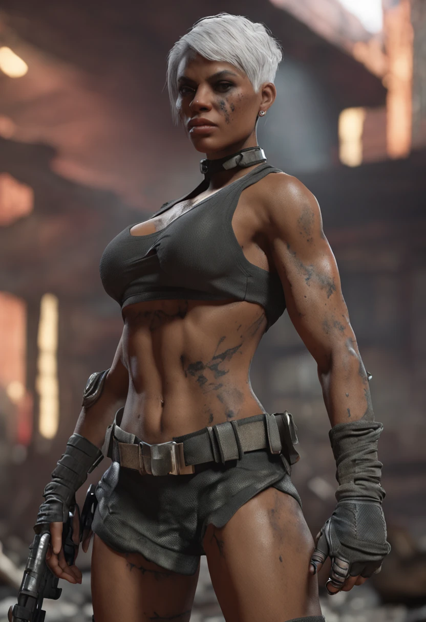 8k, realistic, vray, HDR, 1 samurai girl, extremely strong, well defined body, bodybuilder body, big breasts, small waist, dark skin tone, well detailed skin, skin texture, ((green eyes)), (short white hair) , body showing several scars, a lot of sweat, (some torn rags covering the body), tight micro shorts, boots, dynamic pose, in a large abandoned angar, apocalyptic image, serious expression, image as the basis of a survival character apocalyptic, environmental detail, dust.