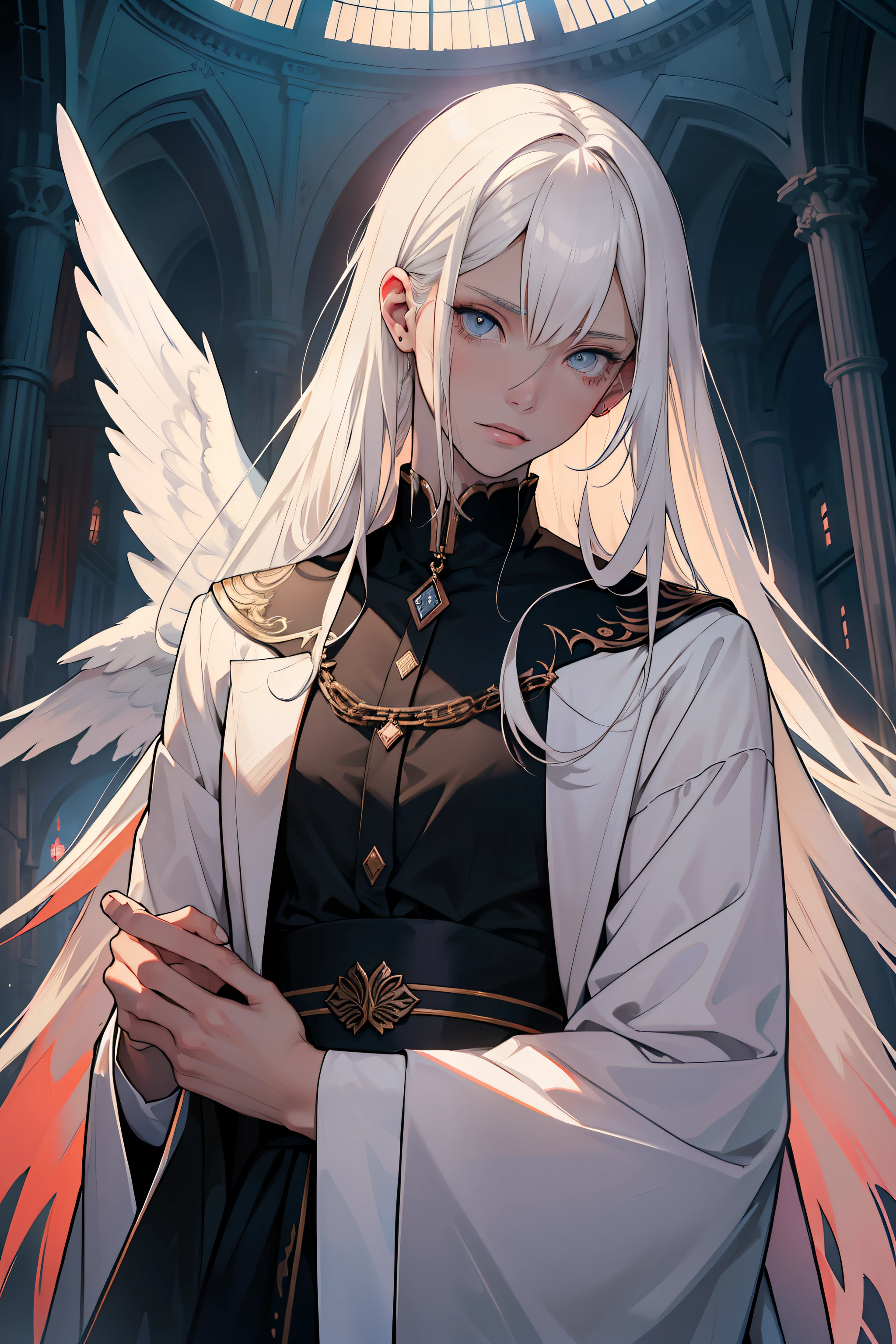 ((melhor qualidade)), ((obra-prima)), (altamente detalhado:1.3) A Most Tall Man, slender and albino with a delicate, androgynous face resembling Count D (petshop of horrors) ou o Rosiel (Angel Sanctuary) His hair is white and long and goes all the way to the floor so big, e tem mariposas o enfeitando, She is on a plain with blood-colored sky Japan Black Moon, olhos vermelhos, albina, Feeric,atmosfera assustadora
