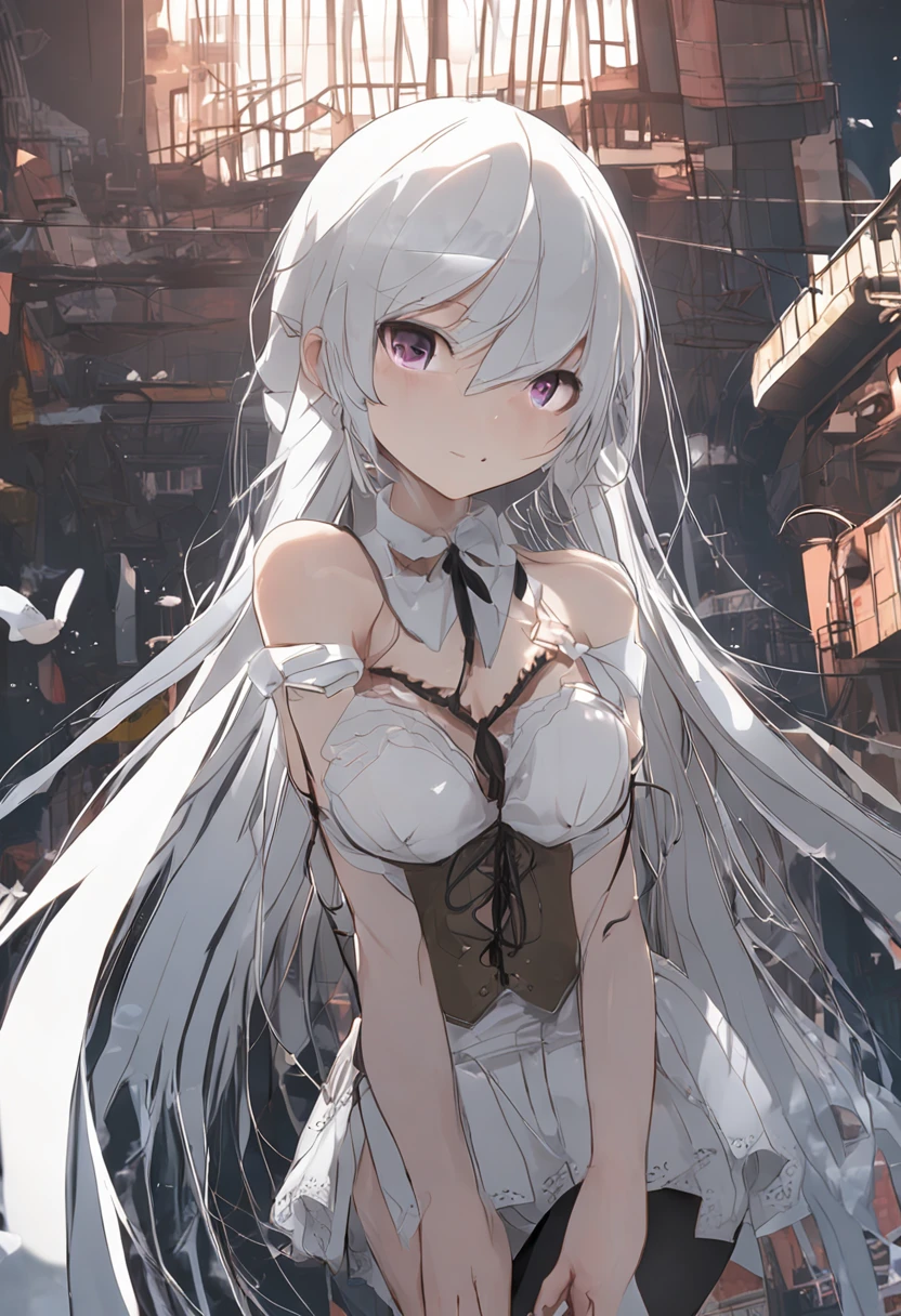 White hair, Anime Beautiful Girl,Long white fishnet stockings,Lift the skirt with both hands,White panties leaking out