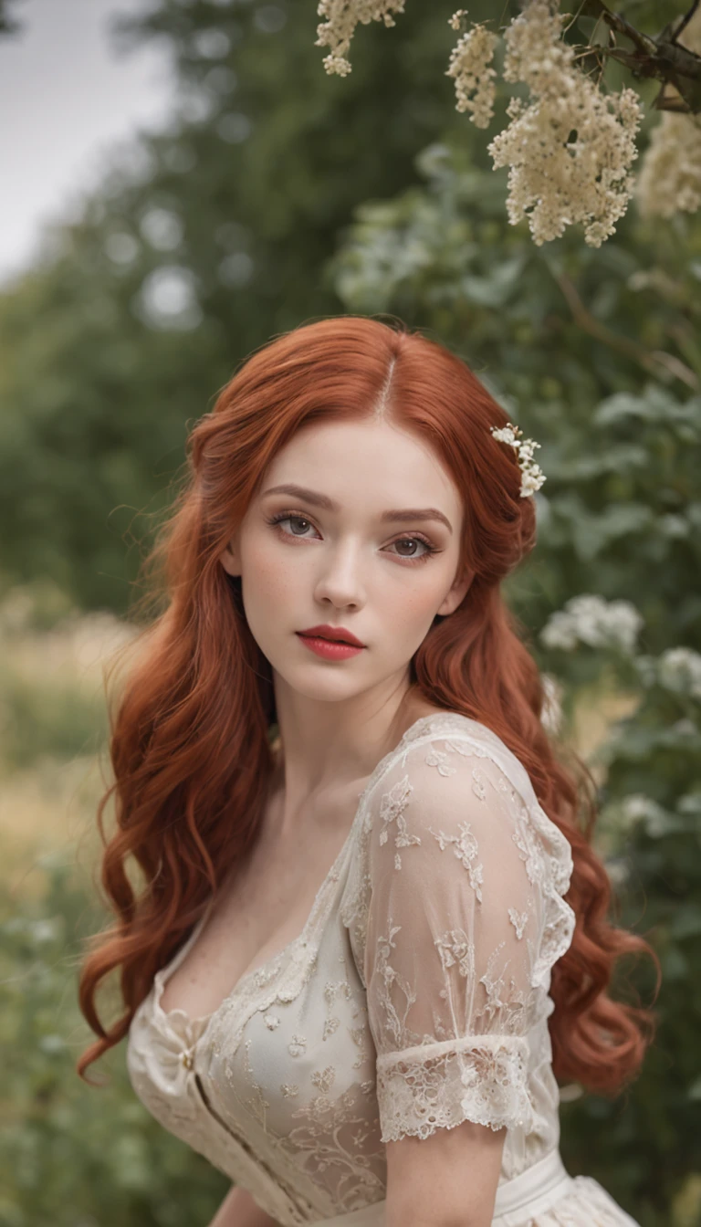 (One lady)、(Romanian)、(masterpiece, high detal, Absurde, Photo Raw), 1 Menina Pin-Up, full bodyesbian, long red hair, delicated face, long eyelashes, smirk, In a romantic vintage atmosphere, Summer dress, sox, high jump