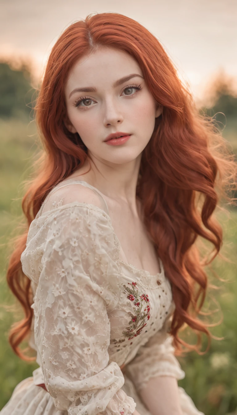 (One lady)、(Romanian)、(masterpiece, high detal, Absurde, Photo Raw), 1 Pin-Up, full bodyesbian, long red hair, delicated face, long eyelashes, smirk, In a romantic vintage atmosphere, Summer dress, sox, high jump
