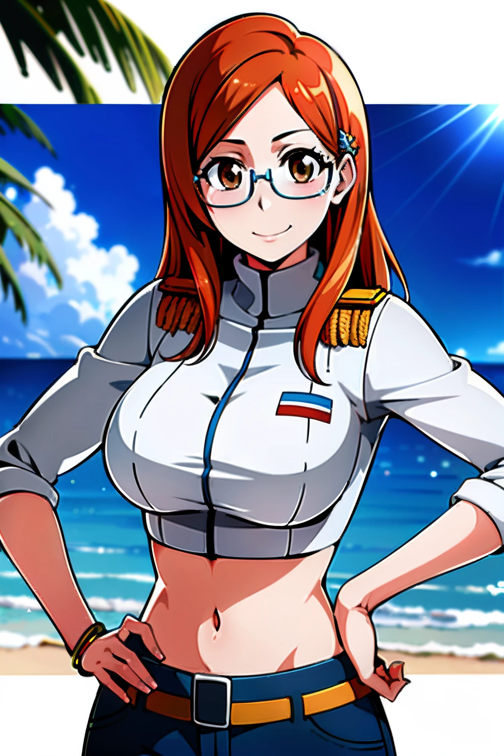 masterpiece, best quality, portrait of Orihime Inoue in her 20s, solo, brown eyes, gray crop top, jewelry, nice hands on hips, tropical beach background, (military uniform:1.2), (blue-framed eyewear:1.1)