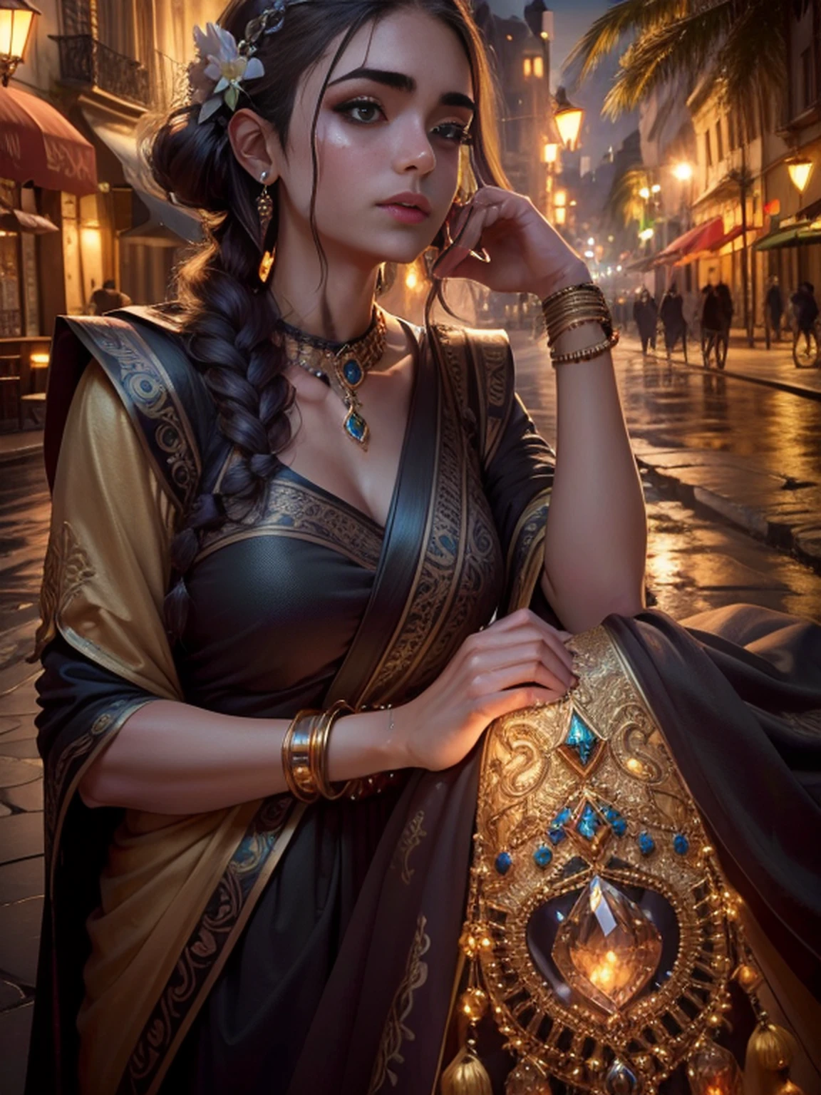 best quality, master part, Altas, 1girl,Vestido Indan,ornamento de cabelo,colar, jewelries,beautiful face,sobre_corpo, Efeito Tyndall,fotorrealista, Dark Studio, Rim lighting, dual-tone lighting,(pele altamente detalhada:1.2), 8k UHD, DSLR, soft lighting, alta qualidade, Volumetric lighting, candid, fotografia, high resolution, 4k, 8k, Bokeh, rosto hiper realista