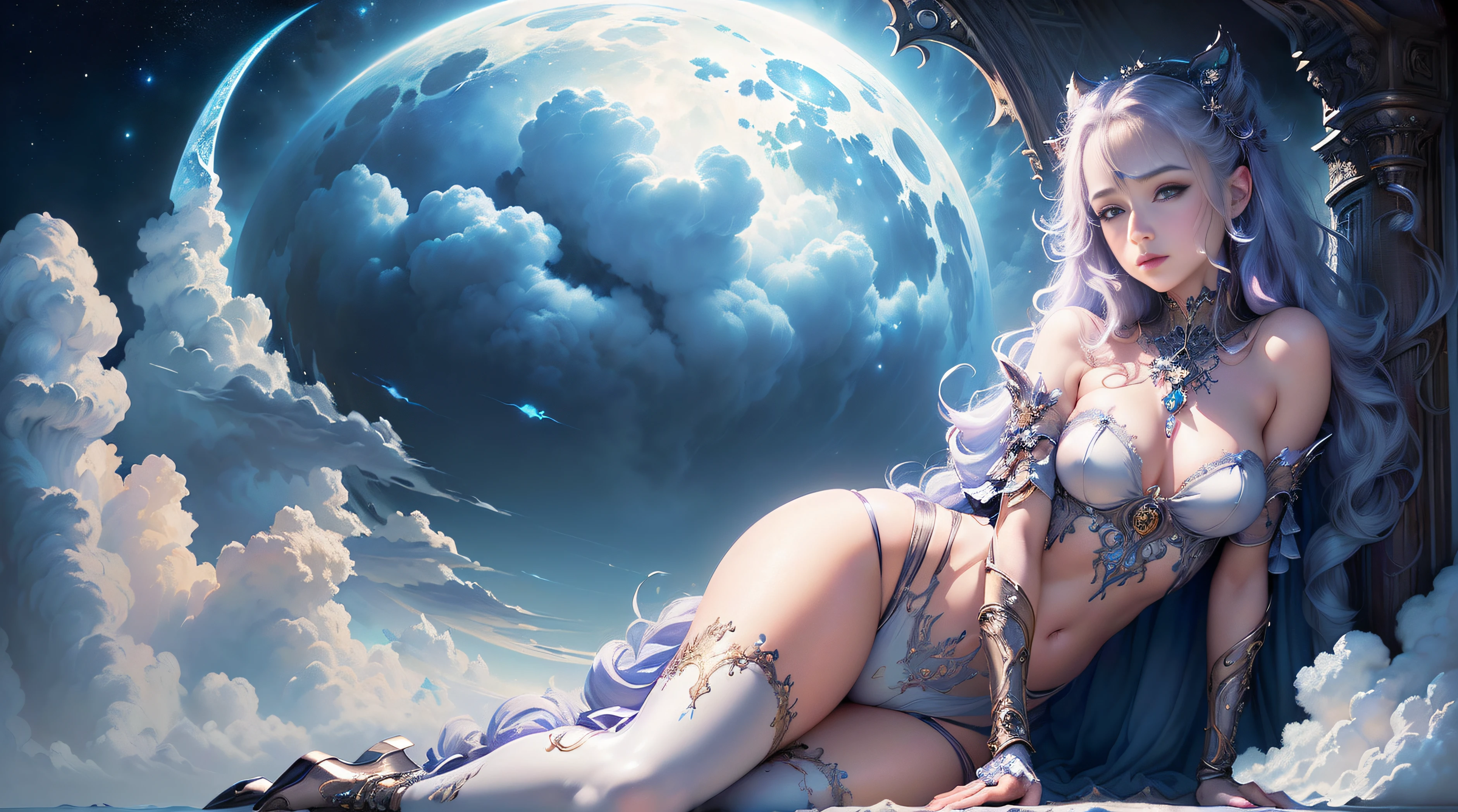 ((Need)), ((tmasterpiece)), (A detailed), Lovely maid, Ethereal beauty, Inhabit the clouds, (fantasy illustrations:1.3), Playful gaze, Charming pose,(Ark of Tomorrow character Alini), otherworldly charm, Mysterious Sky, (Luis Royo:1.2), (Yoshitaka Amano:1.1), Moon Night, pastelcolor, (Detailed cloud view:1.3), (A high resolution:1.2) nsfw