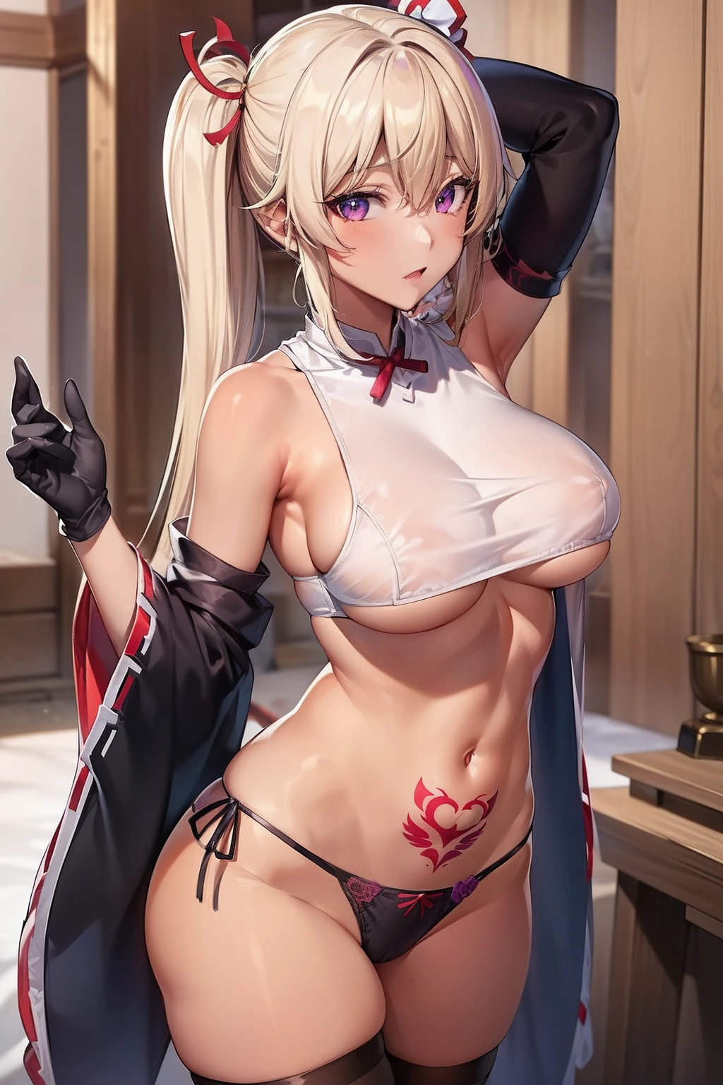 (masutepiece, Best Quality, Ultra-detailed), 1girl in, Purple eyes, Blonde hair, Dark skin, Twin-tailed, ((Sheer panties))、(((shrine maiden clothe)))、((Stockings))、(((Poses that emphasize breasts)))、tattoo below the navel、((Black long gloves))、Opening legs