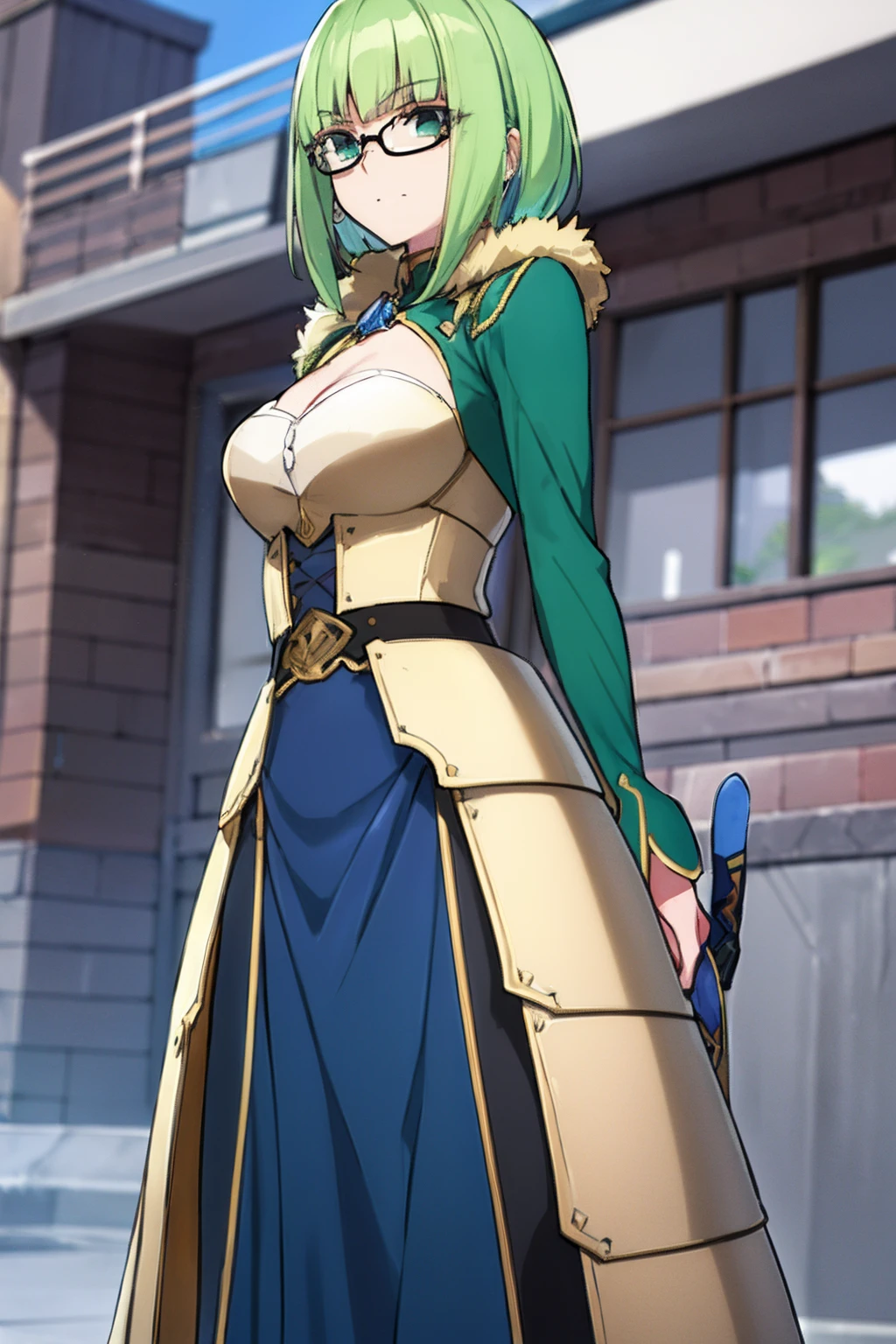 1girl,masterpiece, 8k,semi-realistic,4k,RTX,shaders,brilliant texture work, (tall)), ((medium breast)), belt, masterpiece, best quality, ((glasses)), green fur jacket, blue dress, (blue-framed eyewear:0.9), green hair, yellow hair, arrogant, princess dress, armored, hold sword