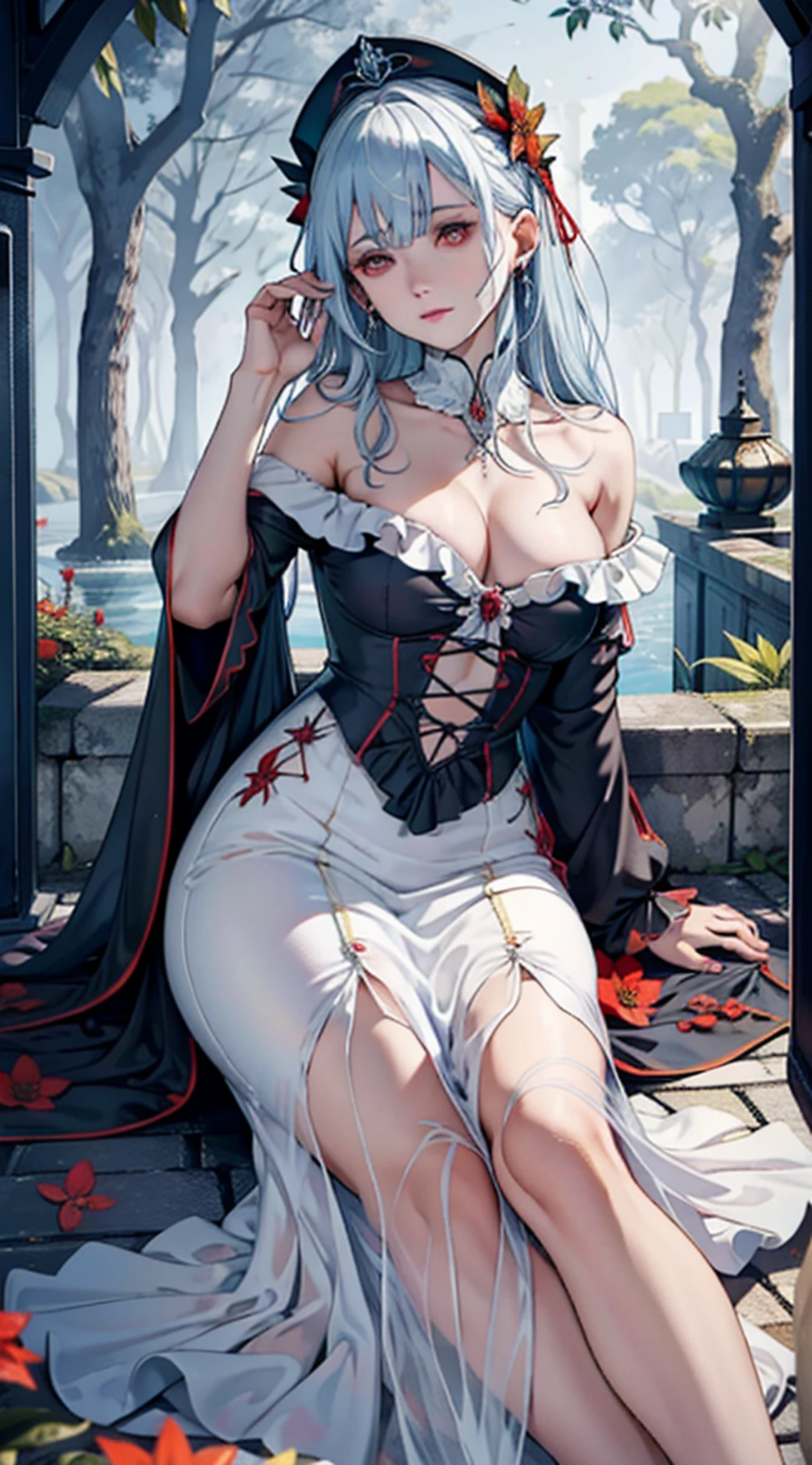 Em uma festa de primavera, Um belo vampiro caminha por um jardim em uma noite clara. Ela usa uma guirlanda de flores no cabelo., You have cold eyes and your skin has no pigment., Ela usa um longo, Sober dress with heart neckline.