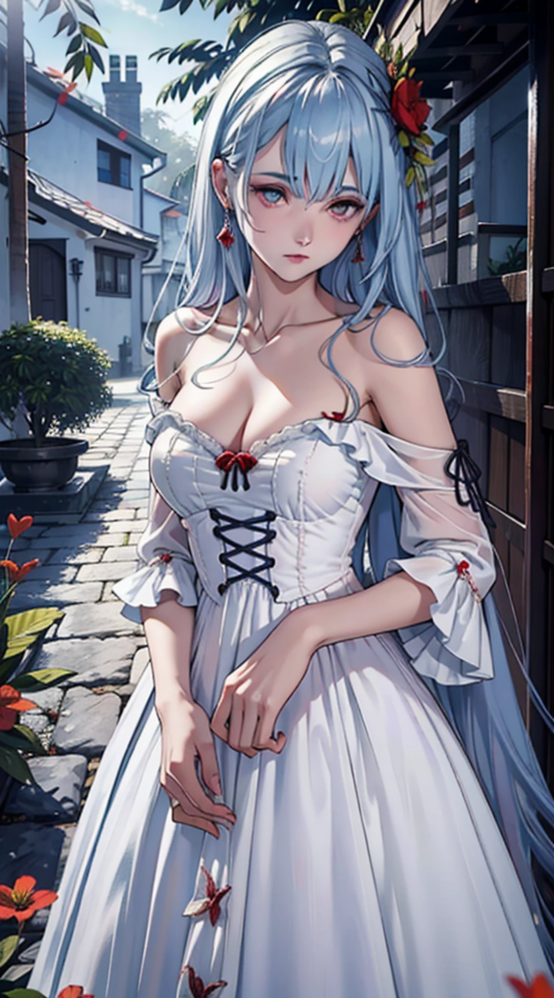Em uma festa de primavera, Um belo vampiro caminha por um jardim em uma noite clara. Ela usa uma guirlanda de flores no cabelo., You have cold eyes and your skin has no pigment., Ela usa um longo, Sober dress with heart neckline.