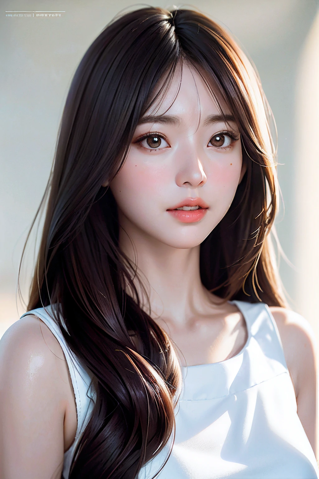 À la Fed image of woman with long hair and white dress, Realistic. cheng yi, soft portrait shot 8 k, Realistic portrait photography, beautiful realistic face, realistic young anime girl, photorealistic anime, kawaii realistic portrait, high quality portrait, Photorealistic beautiful face, , 8K portrait rendering, Realistic beautiful face, Realistic person