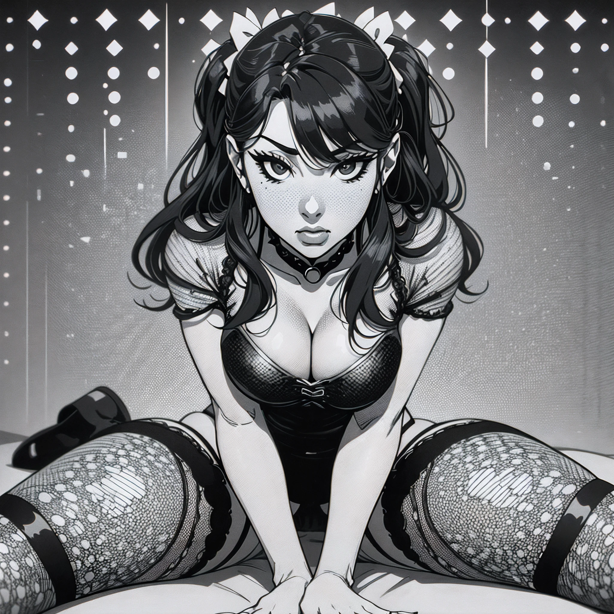 A  woman, wearing long beautiful stockings with garter belts bending  forward in a  position, 1girl, (solo:1.4), manga screen tones, screen tone patterns, dot pattern, larger and more widely-spaced dots, absurdes, masterpiece
