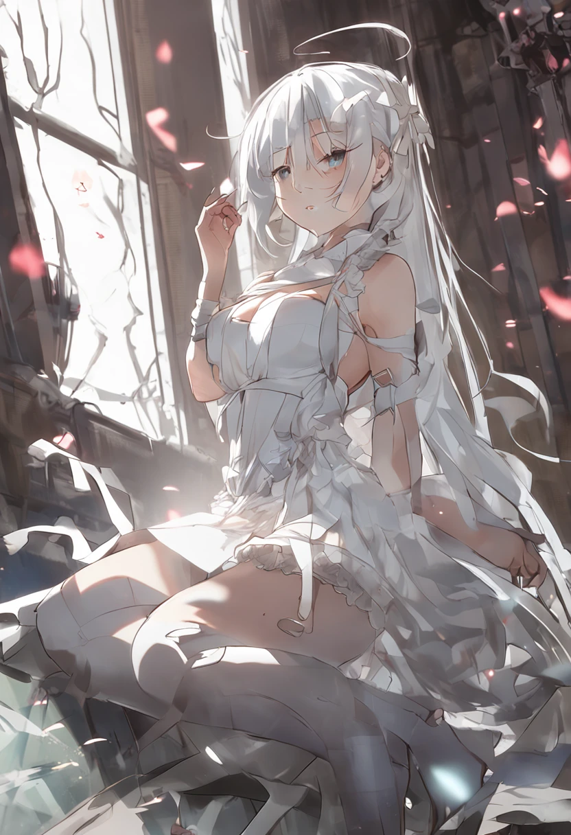 White hair, Anime Beautiful Girl，Long white stockings，Superskirt，White panties leaking out