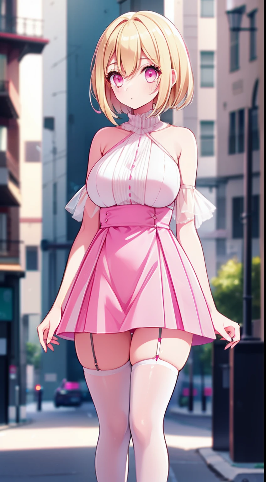 Girl, Short Shoulder Length Blonde Hair, Pink Dress, White Fringe, Thin Straps, Pink Thigh High Socks, wide hips, big thighs, hourglass figure, street background