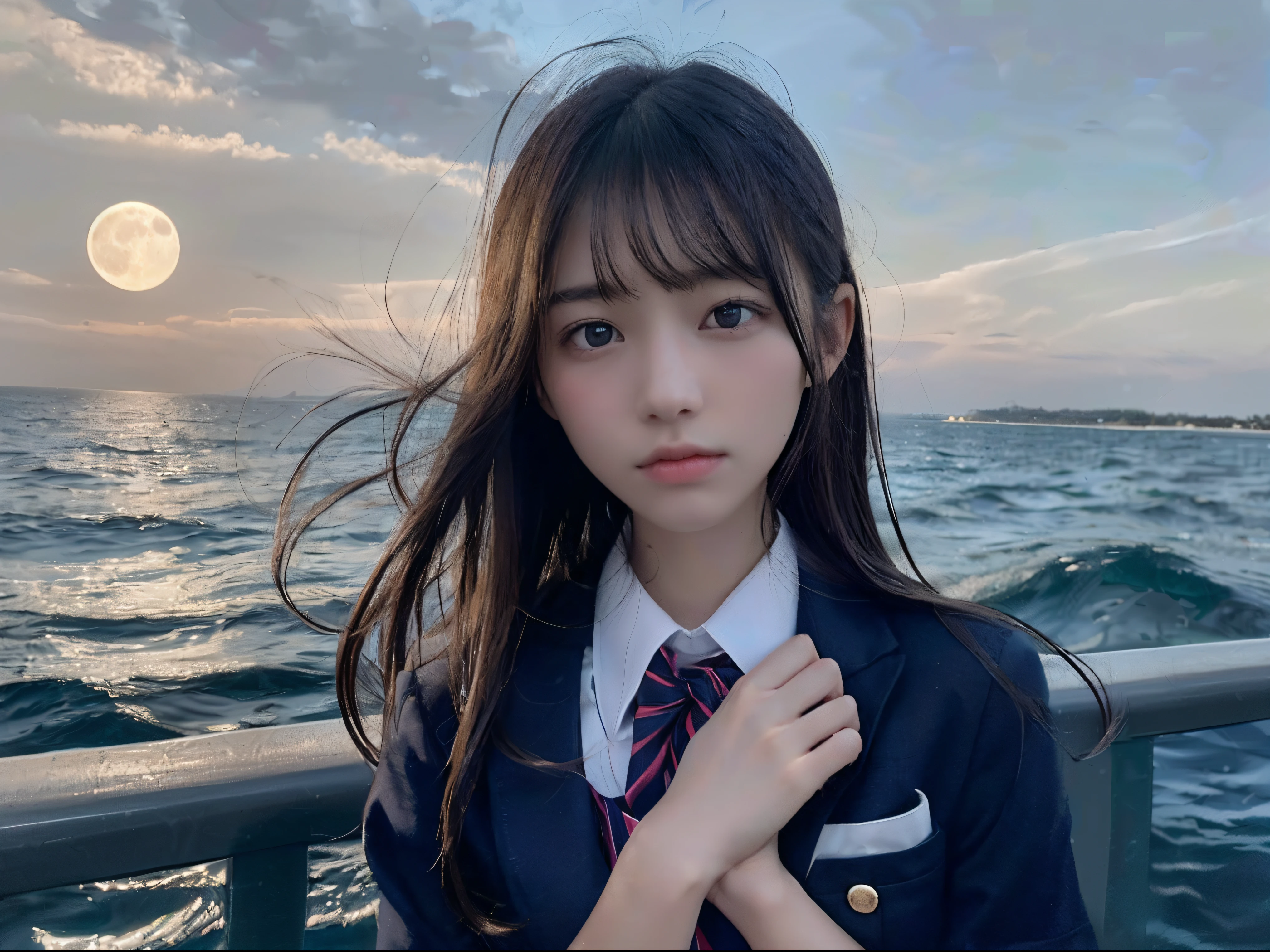 (Close up portrait of one girl with slender small breasts in school uniform:1.5)、(Girl with hair swaying in the wind staring at the big full moon with a sad expression 1.3)、(Large full moon reflected in the sea at night :1.3)、(Perfect Anatomy:1.3)、(complete hands:1.3)、(complete fingers:1.3)、Photorealsitic、Raw photography、masutepiece、top-quality、hight resolution、delicate and pretty、face perfect、Beautiful detailed eyes、Fair skin、Real Human Skin、pores、((thin legs))、(Dark hair)