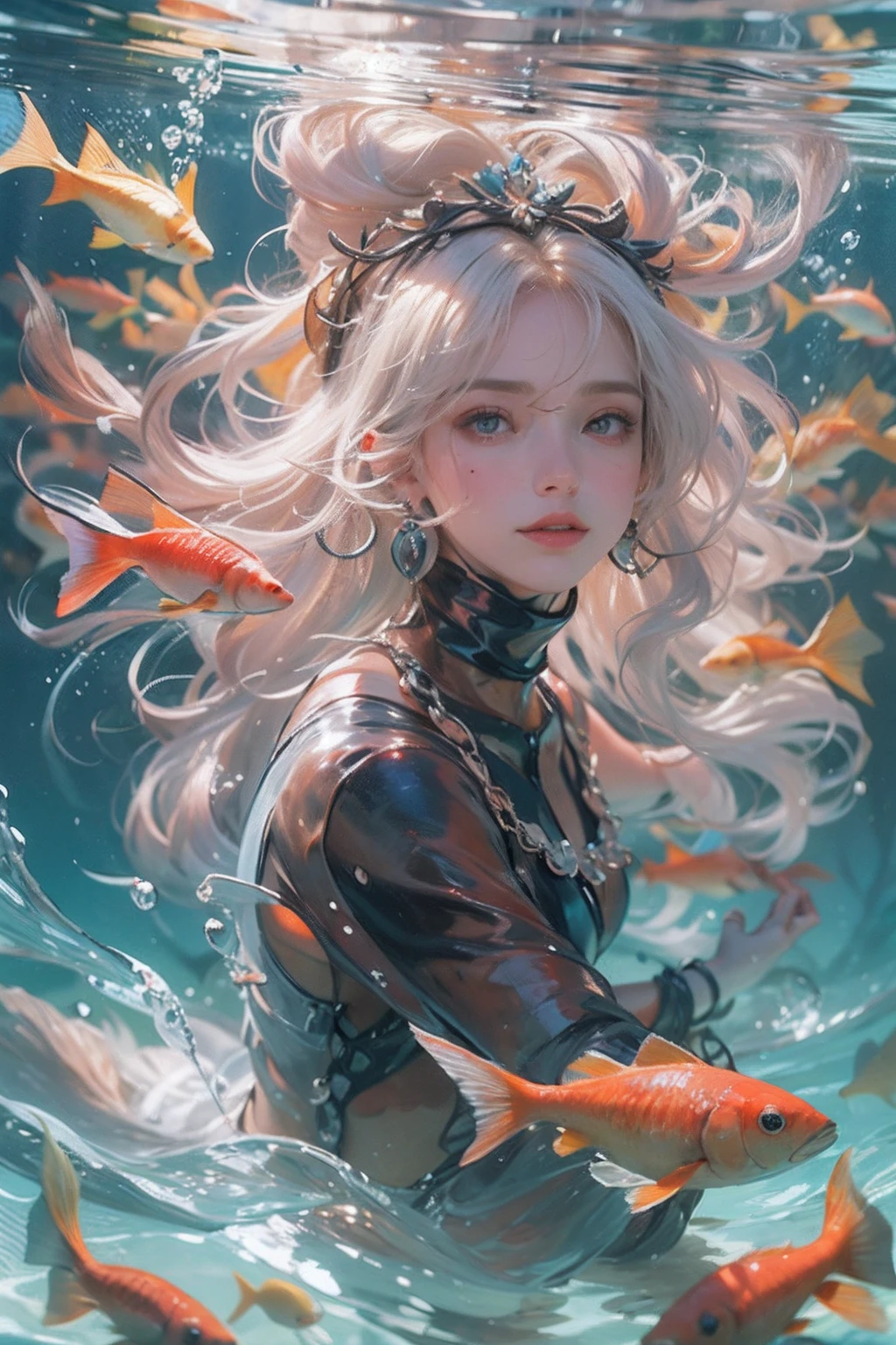 (Highest quality authentic textured skin),(abyssal),(Fine, Round, Symmetrical eyes),Delicate facial features,(Burning bright and cold eyes),(She has a mischievous smile on her face),(Her face is gentle and beautiful),Glass earrings on the ears,,(Blonde hair),(silvery white hair),(Maroon hair),(Swim at the bottom of the sea),(Full body portrait:1.5),(Dramatic photo:1.4),(dramatic pose),(flamboyant photo)(facing up),(Looking down),(Around her neck hangs a simple necklace of exquisite craftsmanship),A messy painting,(Hair flows in water:1.5),(Underwater, Marine life, Beautiful coral reef, Fish),(Vortices and tidal currents in the background),(Dramaticlight),(Magnificent scene),(Surrounded by beautiful fish),In the distant background is a temple submerged in a coral reef,the reef,Epic realism,Cinematic feeling,(high-density imaging review:1.5),(Soft color:1.2),Ultra detailed,Dramaticlight,(intricately details:1.1),the complex background,