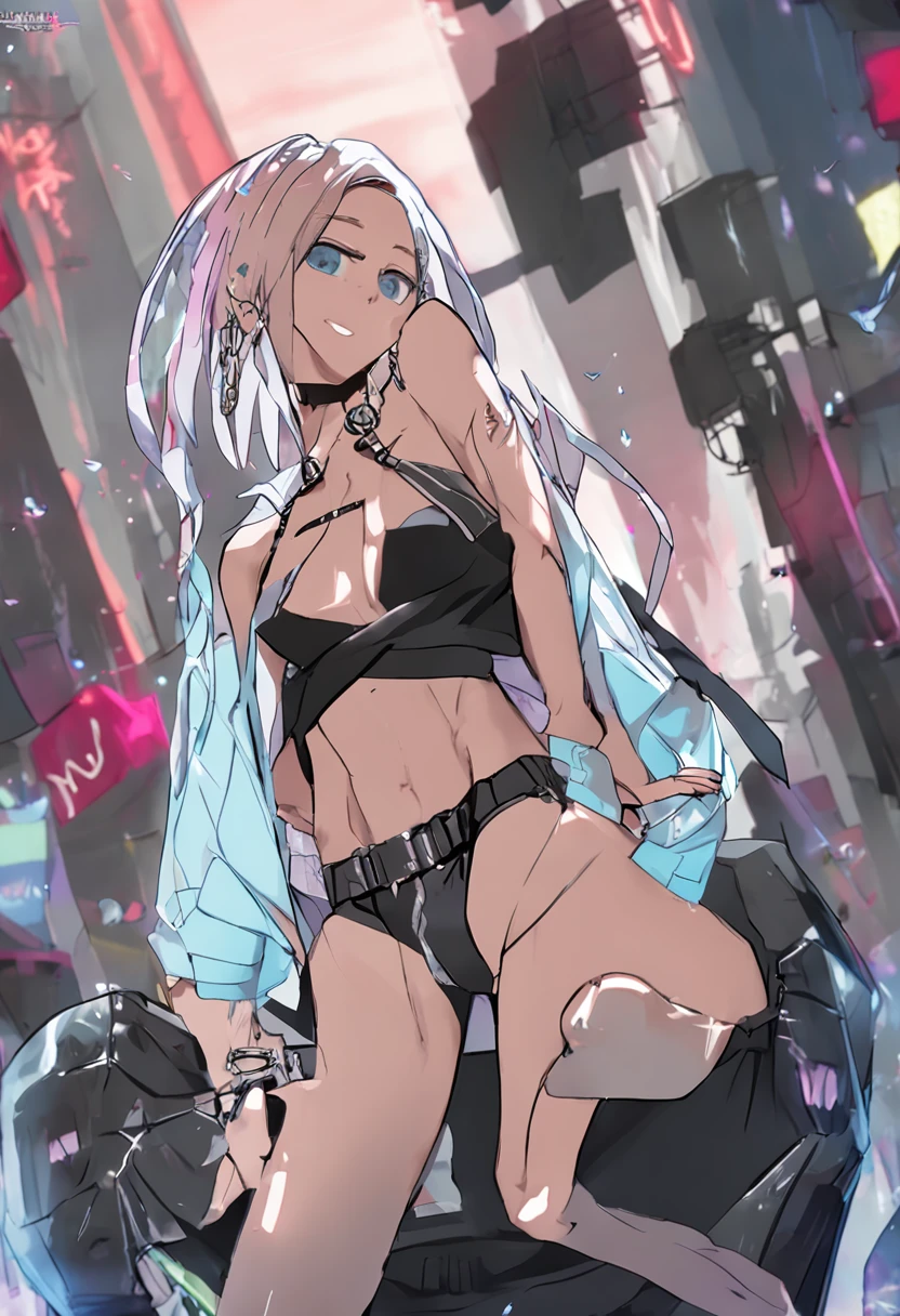 gyaru, Medium hair, Wet hair, hair slicked back, view the viewer, Multicolored eyes, Large breasts, Sleeveless shirt, Short shorts, The shirt, Neck garter, Sam_polypubic hair, Crotch_Cord,upper legs,blacksilk,Full body photo,standing on your feet