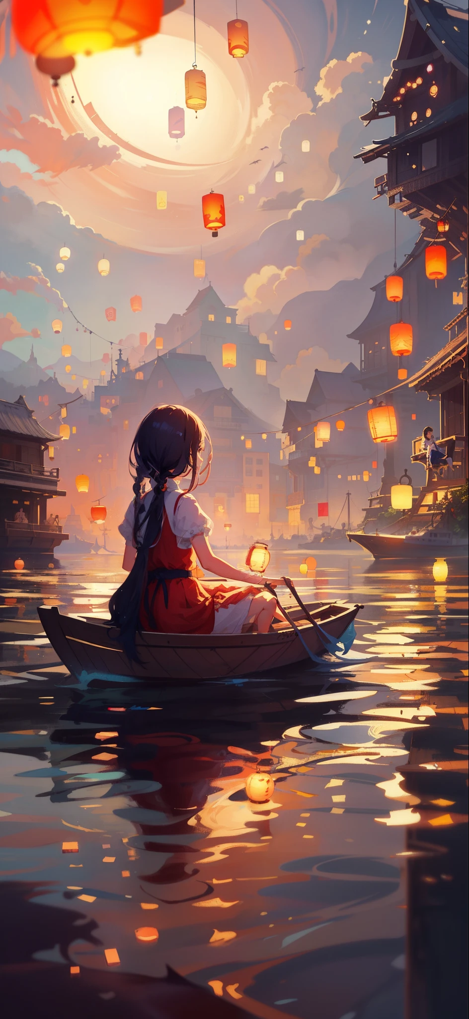 There was a girl sitting on the boat,Lanterns float in the air, Rosla global lighting, Beautiful digital artwork, Guviz-style artwork, tithi luadthong, lovely digital painting, Makoto Shinkai Cyril Rolando, atey ghailan 8 k, girl under lantern, A beautiful artwork illustration, ross tran. scenery background