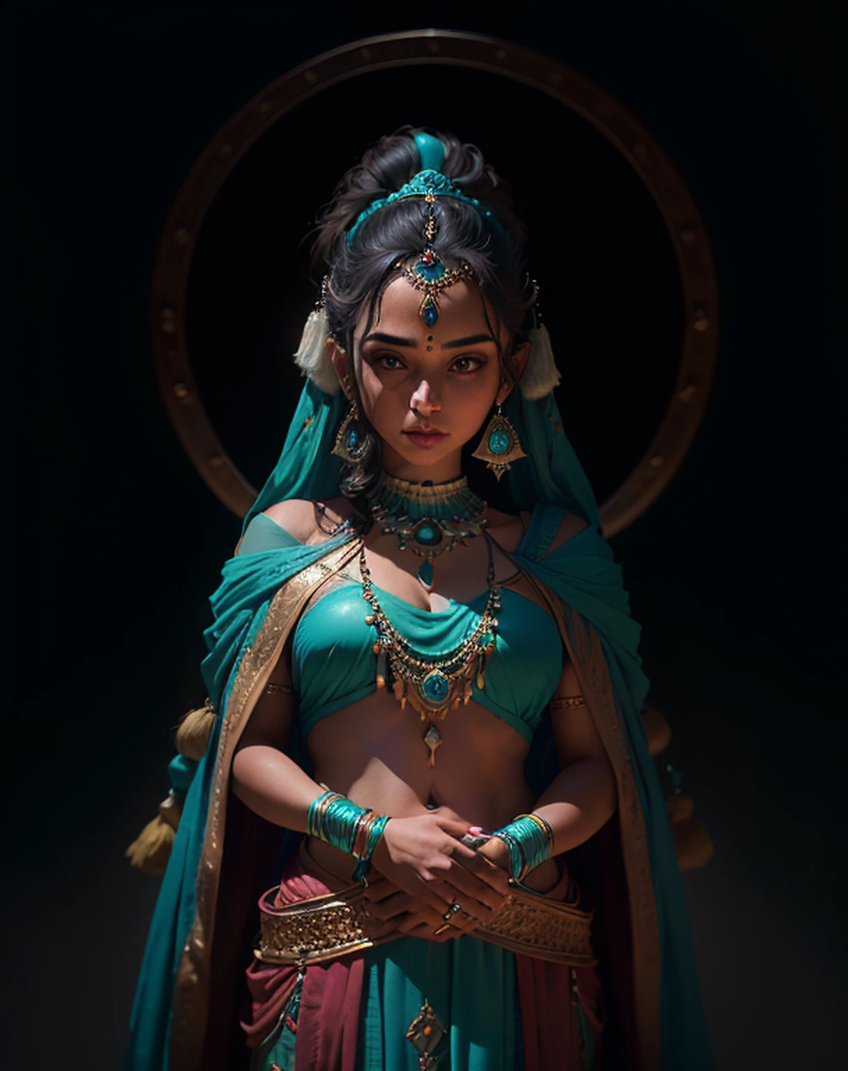 portrait of a award winning photo of indian princess posing in a dark studio, (rim lighting,:1.4) two tone lighting, sharp focus, teal hue, octane, unreal, dimly lit, low key,