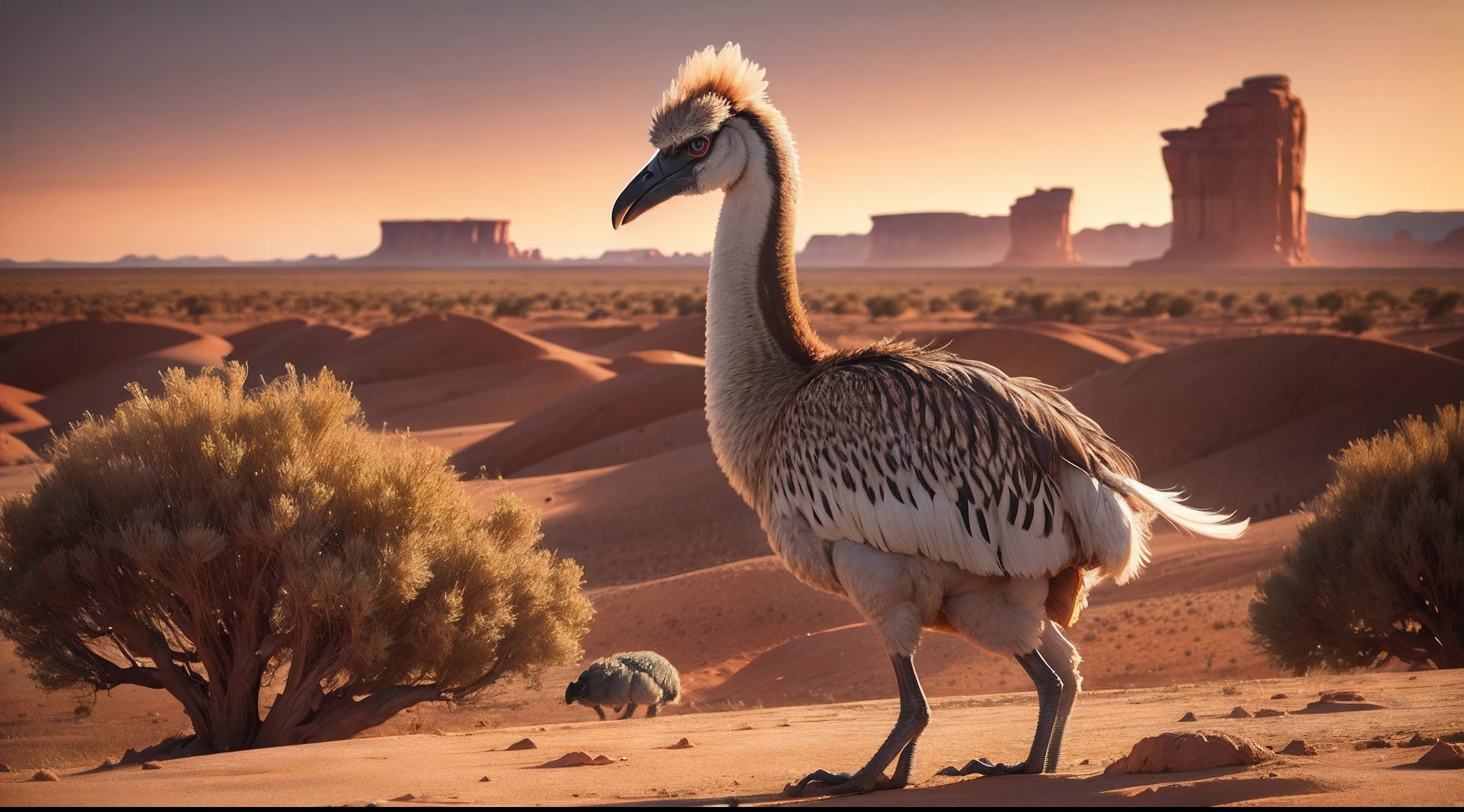 An Emu strides across the vast Australian outback, its long neck and legs adapted perfectly for covering large distances. With a curious gaze, it surveys the arid landscape, its unique appearance a testament to its role as the world's second-largest bird and a native icon of Australia. --auto