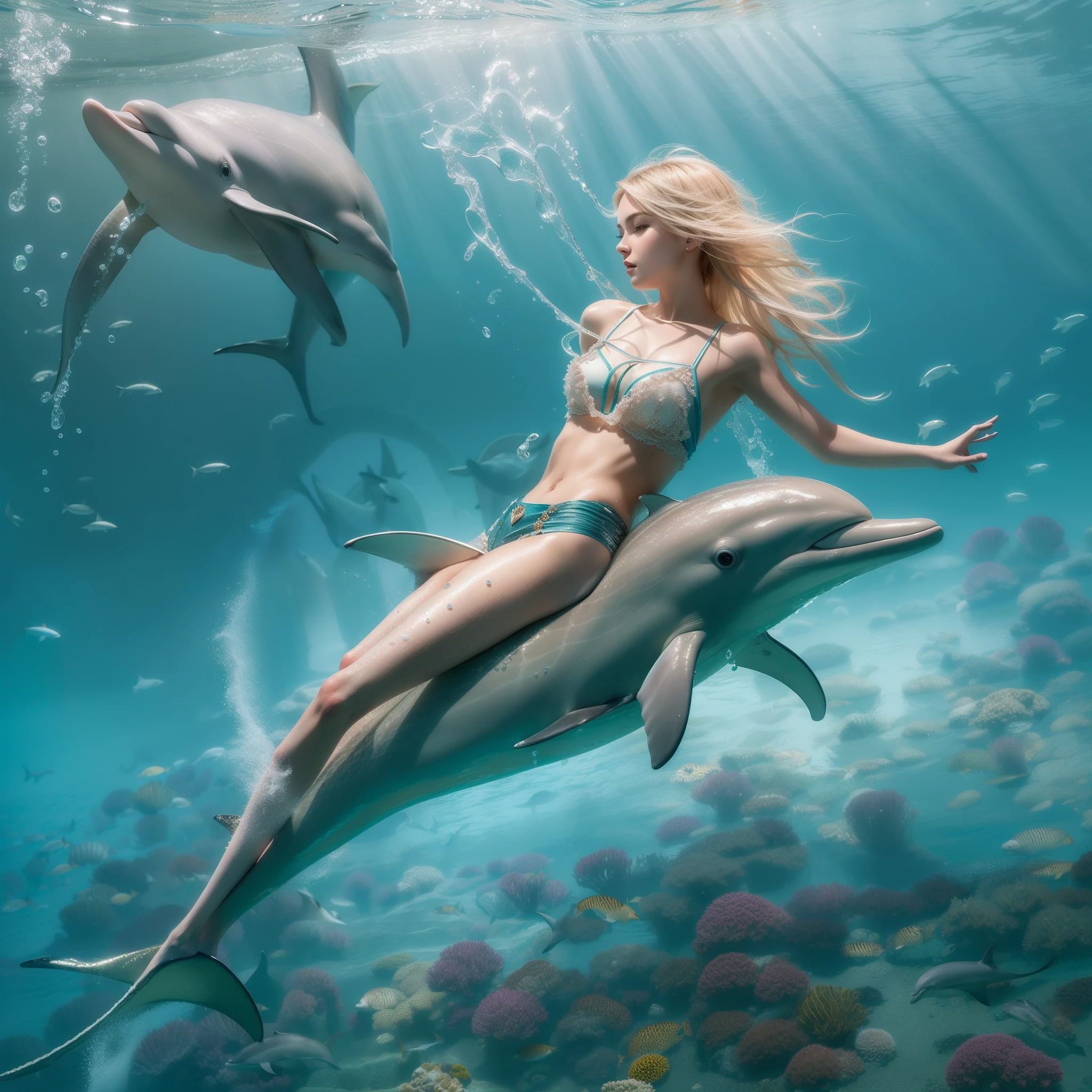 Back ground : sea, A stunning beauty swimming on top of a dolphin, a European blonde beauty, a goddess, super high resolution, delicate details, realism, unparalleled beauty, nice body,