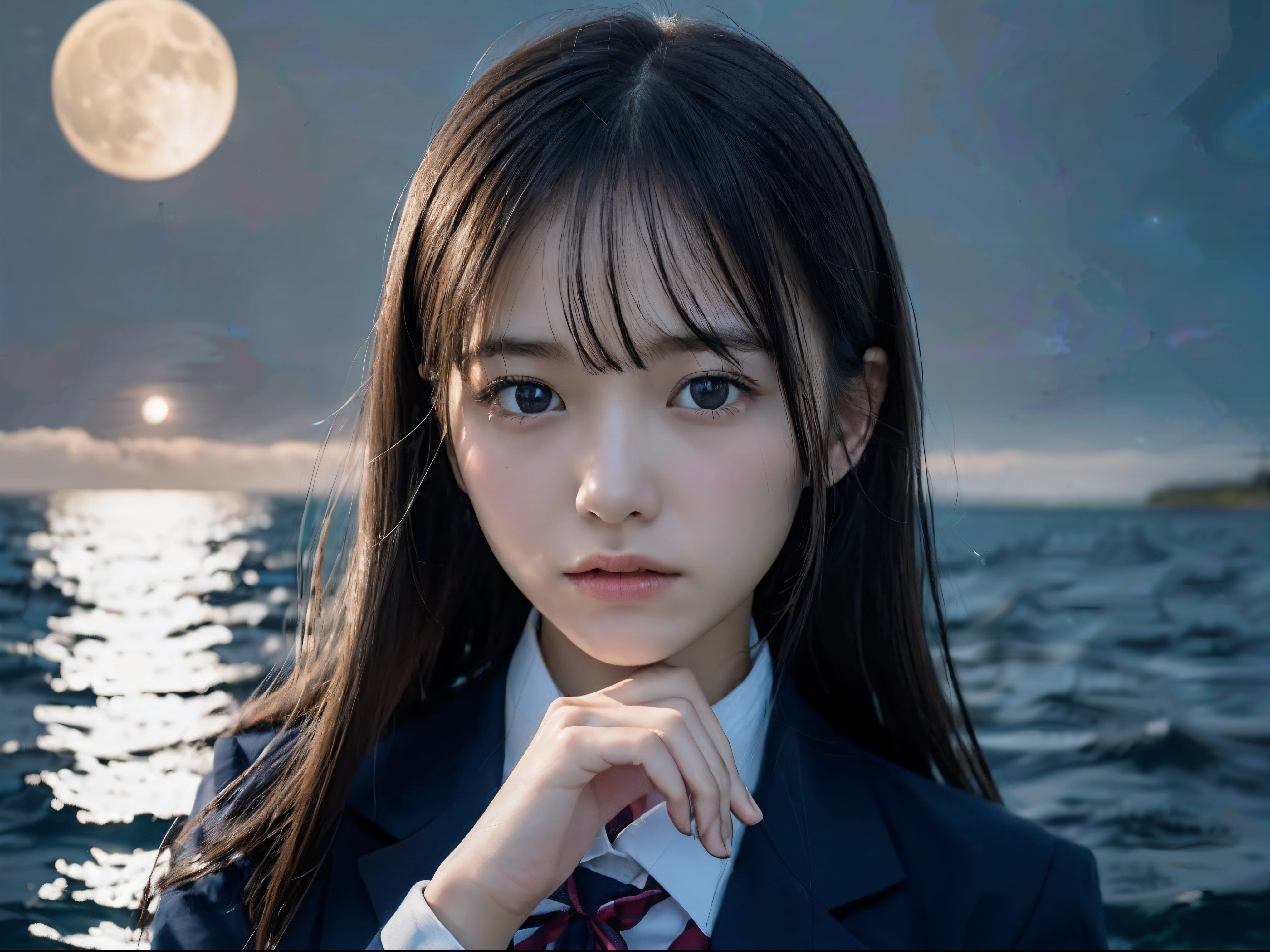 (Close up portrait of one girl with slender small breasts in school uniform:1.5)、(Girl with hair swaying in the wind looking up at the big full moon 1.3)、(Large full moon reflected in the sea at night :1.3)、(Perfect Anatomy:1.3)、(complete hands:1.3)、(complete fingers:1.3)、Photorealsitic、Raw photography、masutepiece、top-quality、hight resolution、delicate and pretty、face perfect、Beautiful detailed eyes、Fair skin、Real Human Skin、pores、((thin legs))、(Dark hair)
