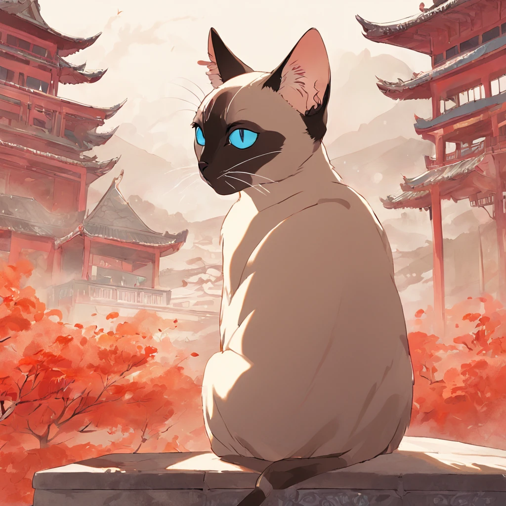 Siamese cat elegantly displayed in Chinese landscape illustration background