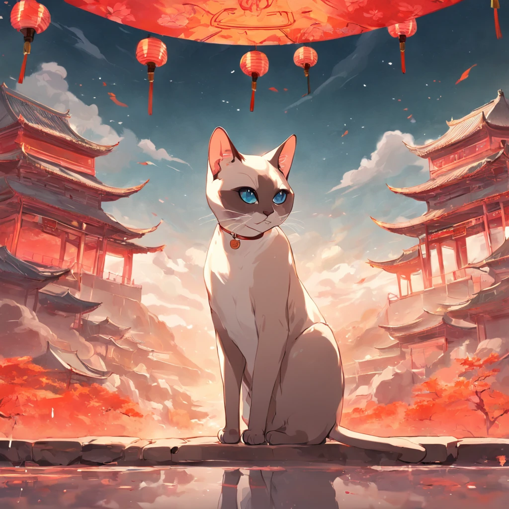 Siamese cat elegantly displayed in Chinese landscape illustration background