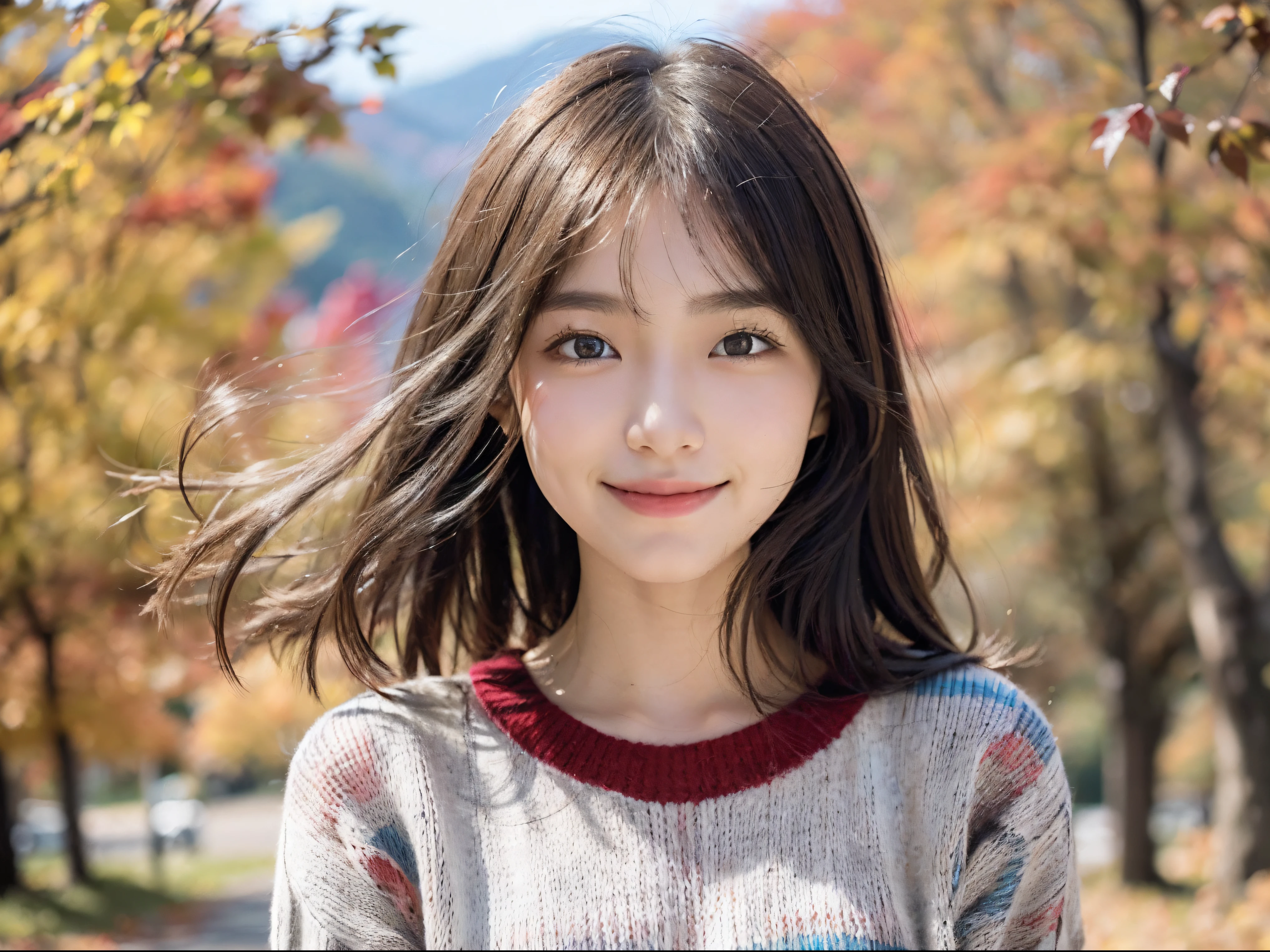 (Close up portrait of one girl with slender small breasts in colorful autumn shirt and sweater:1.5)、(Smiling girl with hair fluttering in the wind stands on the edge of screen:1.3)、(Wonderfully beautiful autumn leaves on mountain background :1.3)、(Perfect Anatomy:1.3)、(complete hands:1.3)、(complete fingers:1.3)、Photorealsitic、Raw photography、masutepiece、top-quality、hight resolution、delicate and pretty、face perfect、Beautiful detailed eyes、Fair skin、Real Human Skin、pores、((thin legs))、(Dark hair)