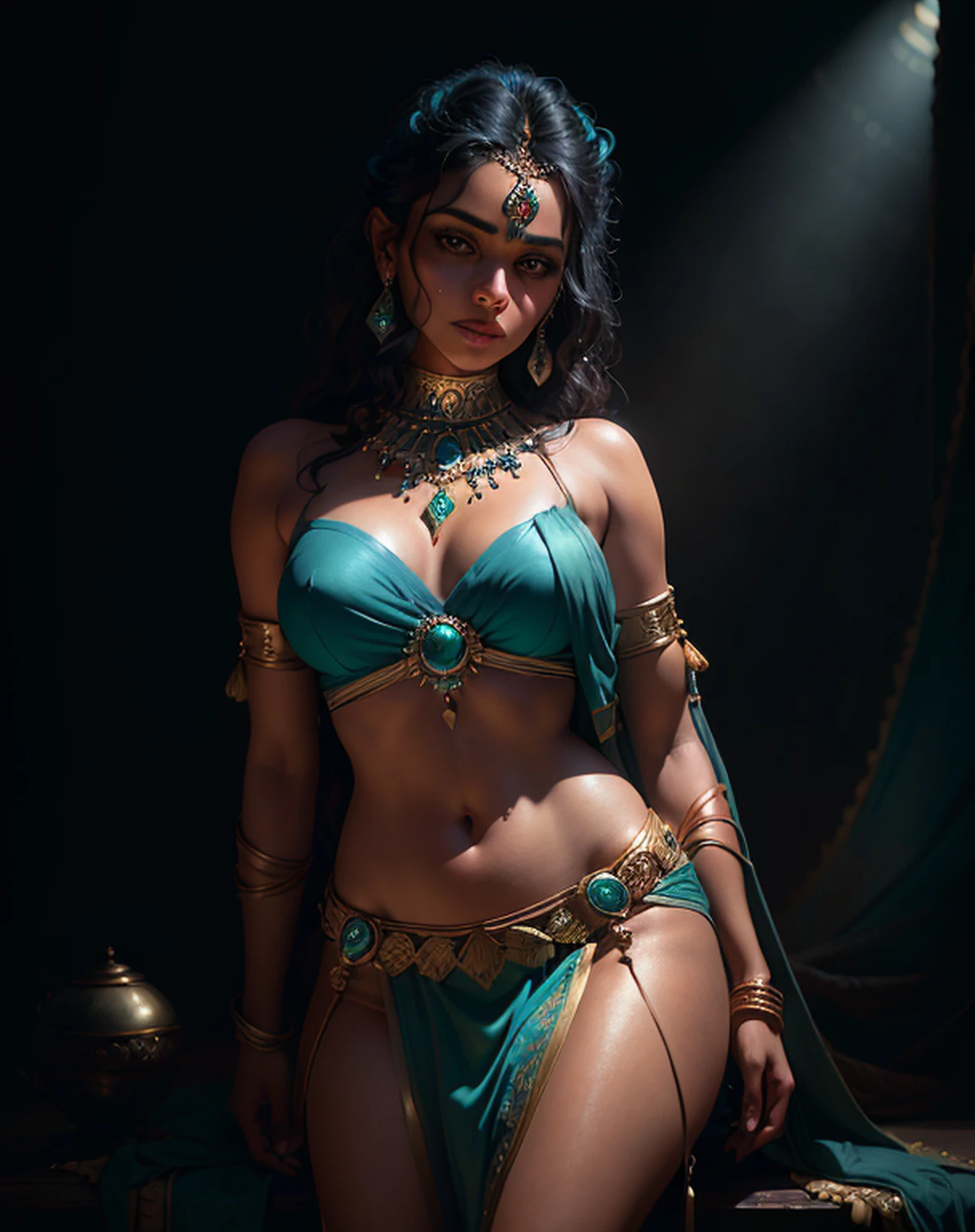 portrait of a award winning photo of indian princess posing in a dark studio, (rim lighting,:1.4) two tone lighting, sharp focus, teal hue, octane, unreal, dimly lit, low key,
