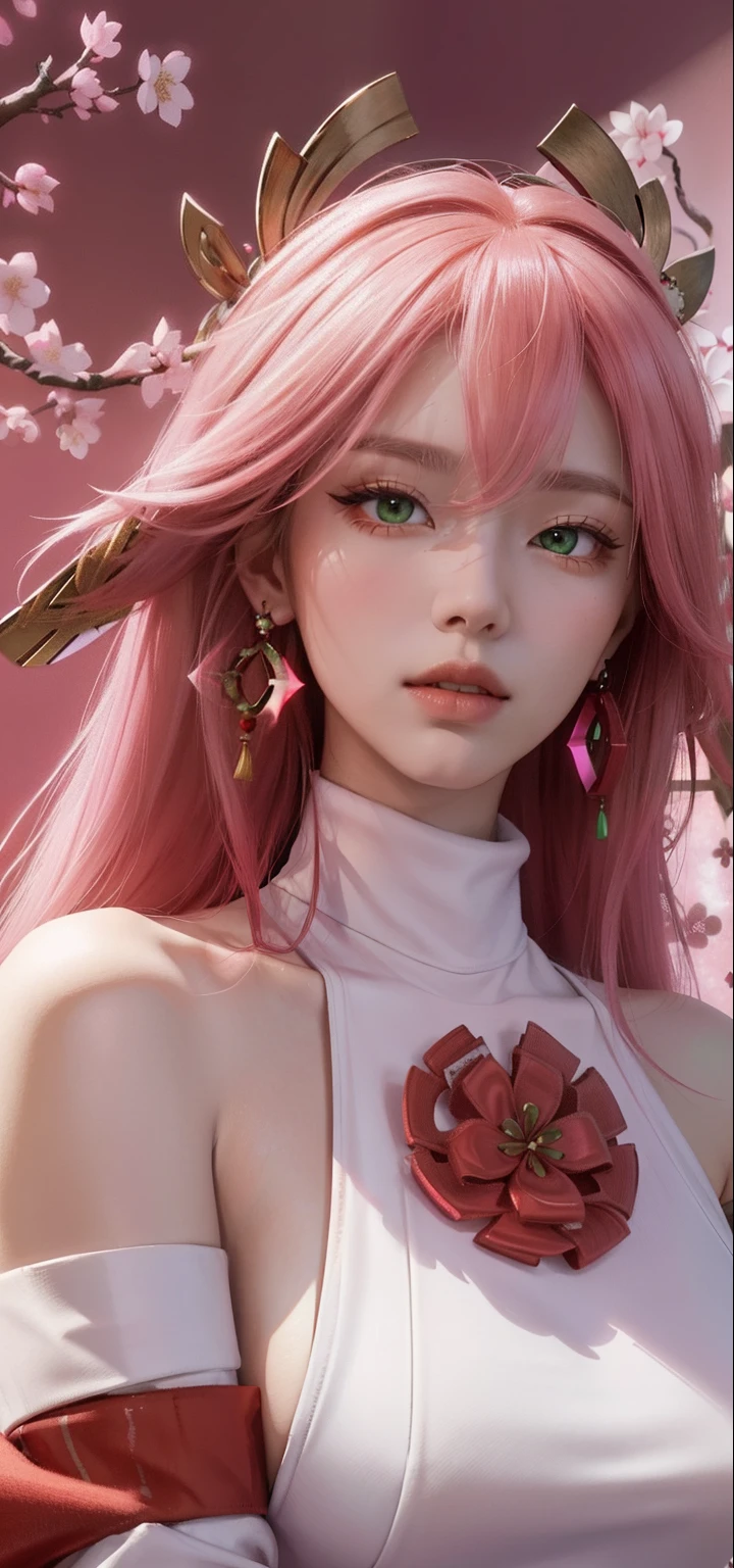 (Masterpiece, Excellent, 1girl, solo, complex details, color difference), realism, ((medium breath)), off-the-shoulders, big breasts, sexy, Yae Miko, long pink hair, red headdress, red highlight, hair above one eye, green eyes, earrings, sharp eyes, perfectly symmetrical figure, choker, neon shirt, open jacket, turtleneck sweater, against the wall, brick wall, graffiti, dim lighting, alley, looking at the audience, ((mean, seductive, charming)), ((cherry blossom background ))),((Japanese temple background)))), (((Glow-in-the-dark background)))