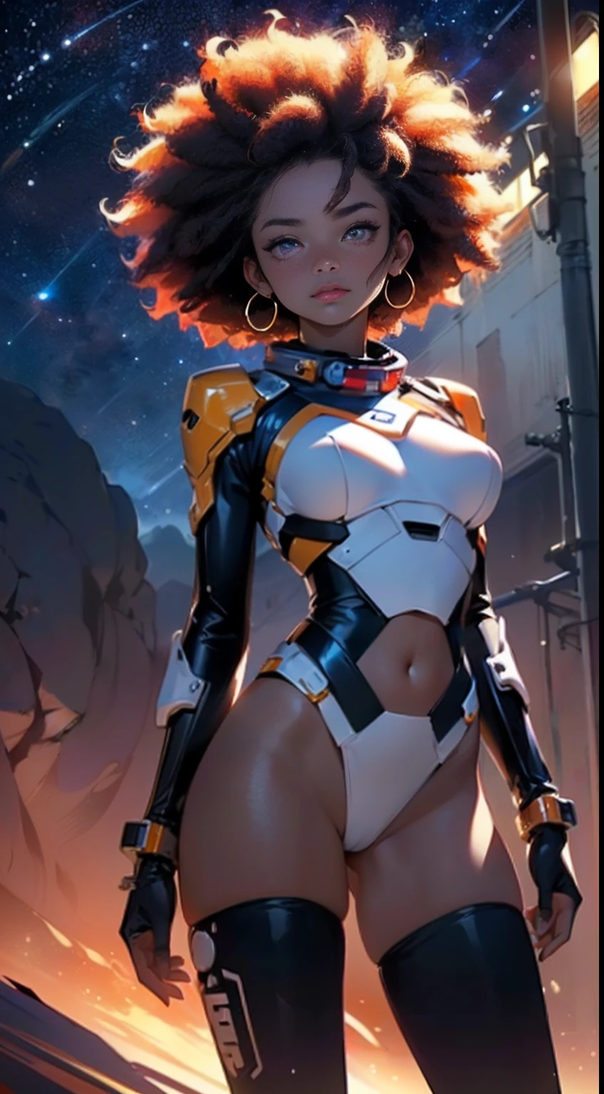 Kizi,Beautiful,(((1girll))),((Cute beautiful girl with african hair)),((((Nero)))),
(Large of breast:1.4),Saggy breasts,((((African brunette hair:1.35,((afro hair:1.35)),afro hair,afro:1.35,brunette color hair,brunette color hair,)))),medium hair,((Heterochromia:1.5,eye1 orange,Red Eye 2,perfect eyes,Open your eyes upwards:1.3,Big breasts beautiful meticulous eyes,Big breasts beautiful meticulous eyes:1,There are good highlights in the eyes:1.2)),((Grease)),((((Conque,Dark skin,Black skin:1.35,Moreno_femele,Dark skin:1.3,ebony skin,Glossy glossy skin:1.5,glowy skin: 1.5,glowy skin,very shiny skin,shining body,brightskin,Wet legs)))),(spider lower abdomen,a narrow waist,Wide buttock,atheletic body,inflated legs,Slender and delicate fingers),((hand consists of a short thumb and four fingers,A hand with only five fingers,(Detal Face))),
big breasts beautiful,guarra,Sensual,seductive appearance,seductiv,Erotic,big breasts enchanting,(((NSFW))),
zettai ryouiki,Clothing that exposes,show skin,(Wearing mechanical space body armor:1.3,Tiny micro bikini,Bare legs,Armoured arm),((Black astronaut costume,Orange and purple neon decoration,detailed costume)),
(dynamicposes:1.0),Solo method,Ashamed,(centre,Scale to fit the dimensions,the rule of thirds),
((((galactic landscape, Costa Rica, Sky with the great Red Planet)))),Stormy sky,Threaten the sky,dark cloude,((Synthetic wave background theme,detailedbackground : 1.25)),((((natta,Nice lighting decoration,Detailed architecture)))),
(Best quality,high resolution,foco nítido,ultra - detailed,extremely detaile,Very high quality illustrations,(realisticlying,Fotor is realistic:1.37),8K_Wallpapers,(Extremely detailed 8K CG),(Ultra-thin 8K CG),((Super meticulous perfect work)),Impeccable,(((tmasterpiece))),illustration,vivd colour,(复杂),hight contrast,Selective lighting,Doubleexposure,hdr (HighDynamicRange),working,The background is blurred out,