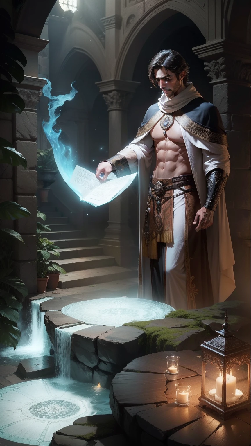 Adam is a tall man, de pele bronzeada e cabelos curtos e lisos. He possesses a well-built and athletic physique, He is slender and has about 1,88 m de altura. Seus olhos castanhos transmitem sabedoria e curiosidade. Adam is smart, culto e um pouco introvertido. He has a nerdy side and is passionate about literature and storytelling. He possesses great wisdom and is highly skilled in magic. He can be serious and focused, But it also reveals a playful and creative side when using its unique abilities.