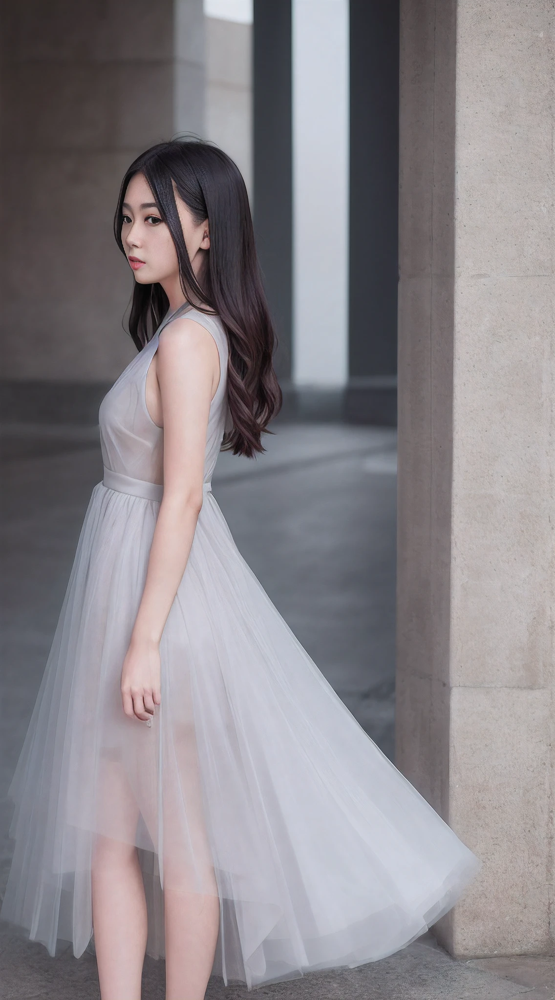 Young girl，Hair hanging down，Dark brown hair，Street Background，Whole Body Ezbian，Long legs，Beautiful body structure cover，Ultra-detailed drawing， Amazingly realistic photos，Snow blue clothes，Light taupe clothing，Translucent clothing，(Casual Hairstyles,:1.2), A stunningly elegant pose, See-through dress，Translucent maxi dress，Background blur，A goddess-like presence，office lady