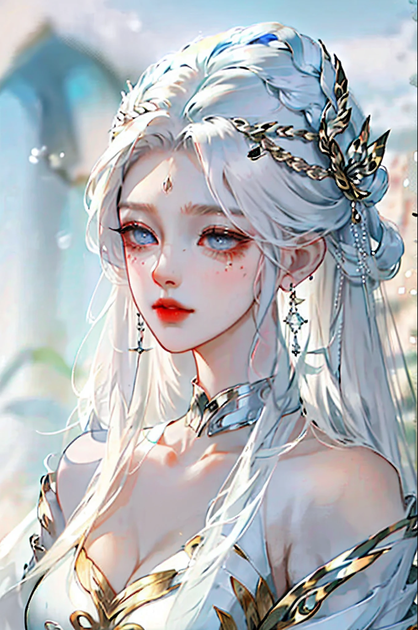 ancient wind，teens girl，big breasts beautiful，Perfect eyes，Smooth white hair，Gentle powder wraps eyes，Exquisite antique headdress