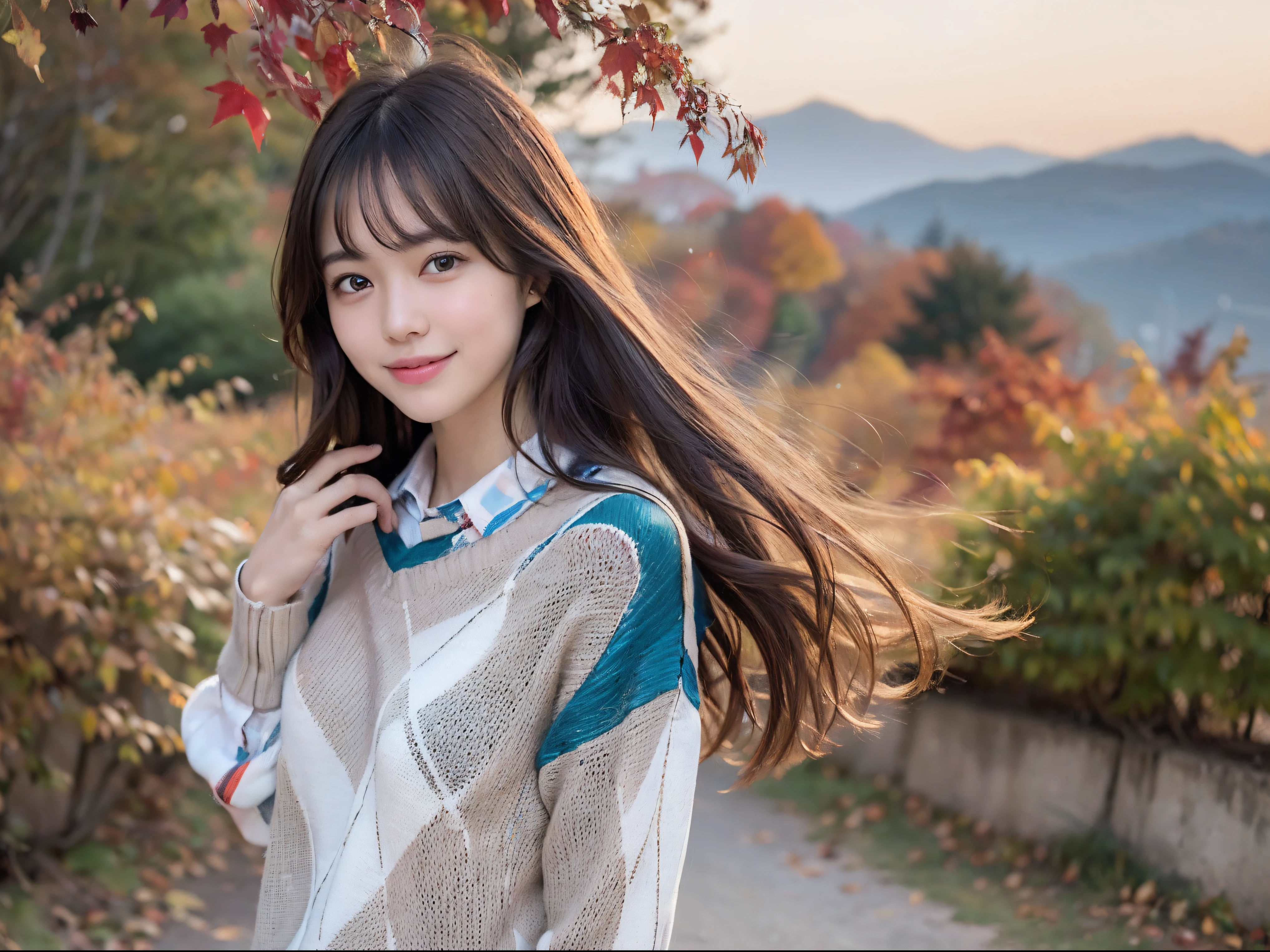 (Close up portrait of one girl with slender small breasts and very long hair in colorful autumn shirt and sweater:1.5)、(Smiling girl with hair fluttering in the wind stands on the edge of screen:1.3)、(Wonderfully beautiful autumn leaves on mountain background :1.3)、(Perfect ???????:1.3)、(complete hands:1.3)、(complete fingers:1.3)、Photorealsitic、Raw photography、masutepiece、top-quality、hight resolution、delicate and pretty、face perfect、Beautiful detailed eyes、Fair skin、Real Human Skin、pores、((thin legs))、(Dark hair)