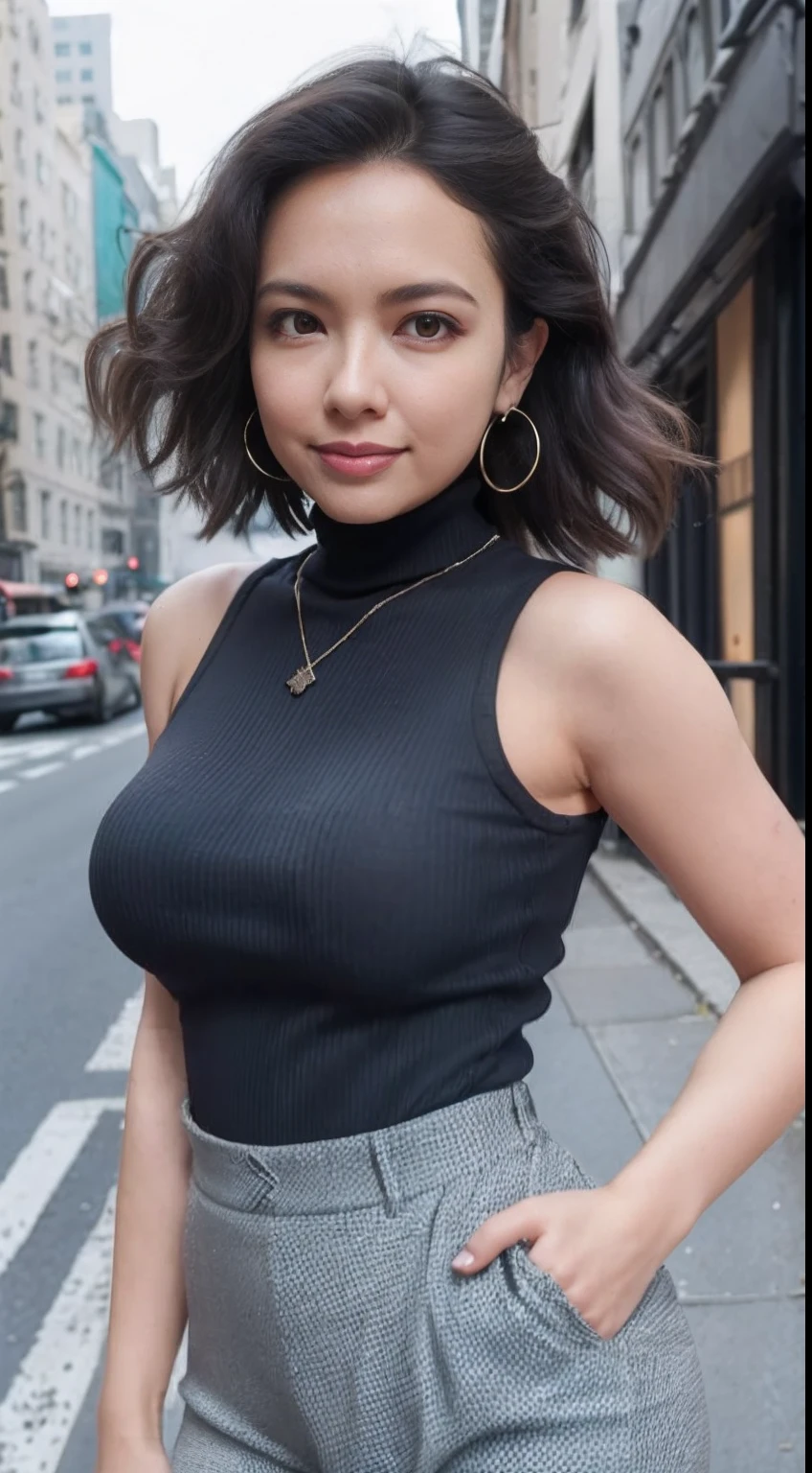 (masutepiece, Best Quality), Beautiful woman, Detailed sleeveless turtleneck top, Pants, Necklace, Wavy Hair, Perfect face, Beautiful face, enticing, big gorgeous eyes, Open mouth, Happy, perfect slim fit body, (plein air), the city street, newyork, Bright colors