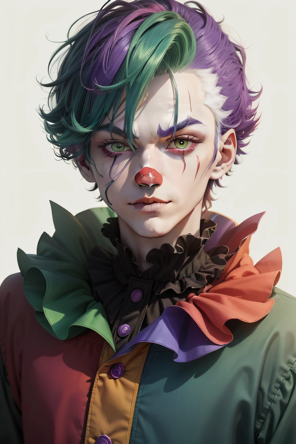 A beautiful storng young man with blue and red hair wearing clown makeup stands out in the crowd. The vibrant blue color of his hair complements the intricate and detailed design of his clown makeup. His hair is carefully styled with playful waves and highlights that enhance the overall look. The clown makeup features exaggerated and colorful details, including large blue eyebrows, delicately painted tear streaks, and a bright red nose. The combination of the blue hair and clown makeup creates a unique and eye-catching appearance.

The overall image is portrayed with a high level of artistic and visual quality. The details of the Boys eyes, lips, and face are extremely detailed and captivating, drawing the viewer's attention. The image is ultra-detailed and photo-realistic, allowing for a deep and immersive visual experience. The blue hair and clown makeup are captured with sharp focus and vivid colors, creating a visually stunning representation.

The artistic style of the image is inspired by portraits and concept artists, encompassing both realistic and imaginative elements. It showcases a blend of creativity and realism, creating a visually striking and thought-provoking piece of artwork.

The color palette of the image is dominated by shades of blue, reflecting the boys vibrant blue hair. The blue hues are complemented by contrasting and vibrant colors from the clown makeup, adding depth and dimension to the overall composition. The lighting in the image is carefully orchestrated, emphasizing the girl's features and creating a captivating play of light and shadow.

Overall, the prompt captures the essence of a boy with blue and red hair and clown makeup in a visually stunning and artistic manner. It invites Stable Diffusion to generate a high-quality image that showcases the unique combination of these elements.