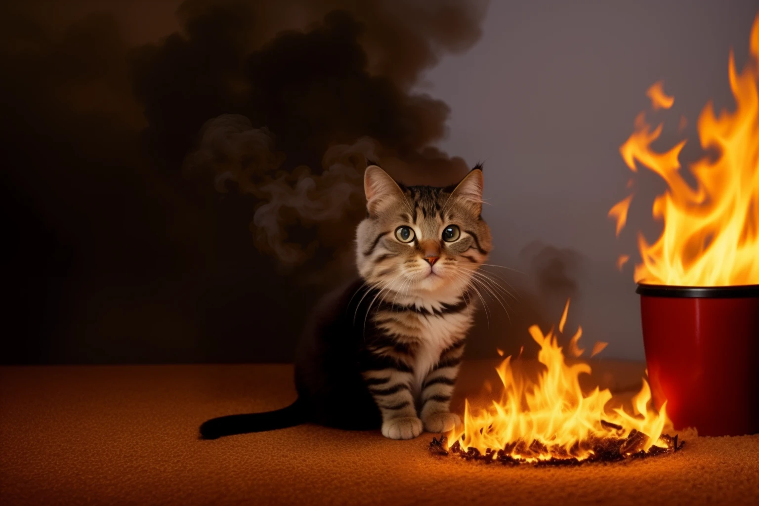 (Best quality: 1.23), (Masterpiece: 1.12), (Reality: 1.24), (Anthropomorphic cat: 1.5) holding a coffee cup, sitting in a robe, eating breakfast, holding a coffee cup, hat, granules, volumetric lighting, room burning, floor and chairs on fire, lots of gadgets and equipment on fire, smoke, (surrounding flames: 1.3),