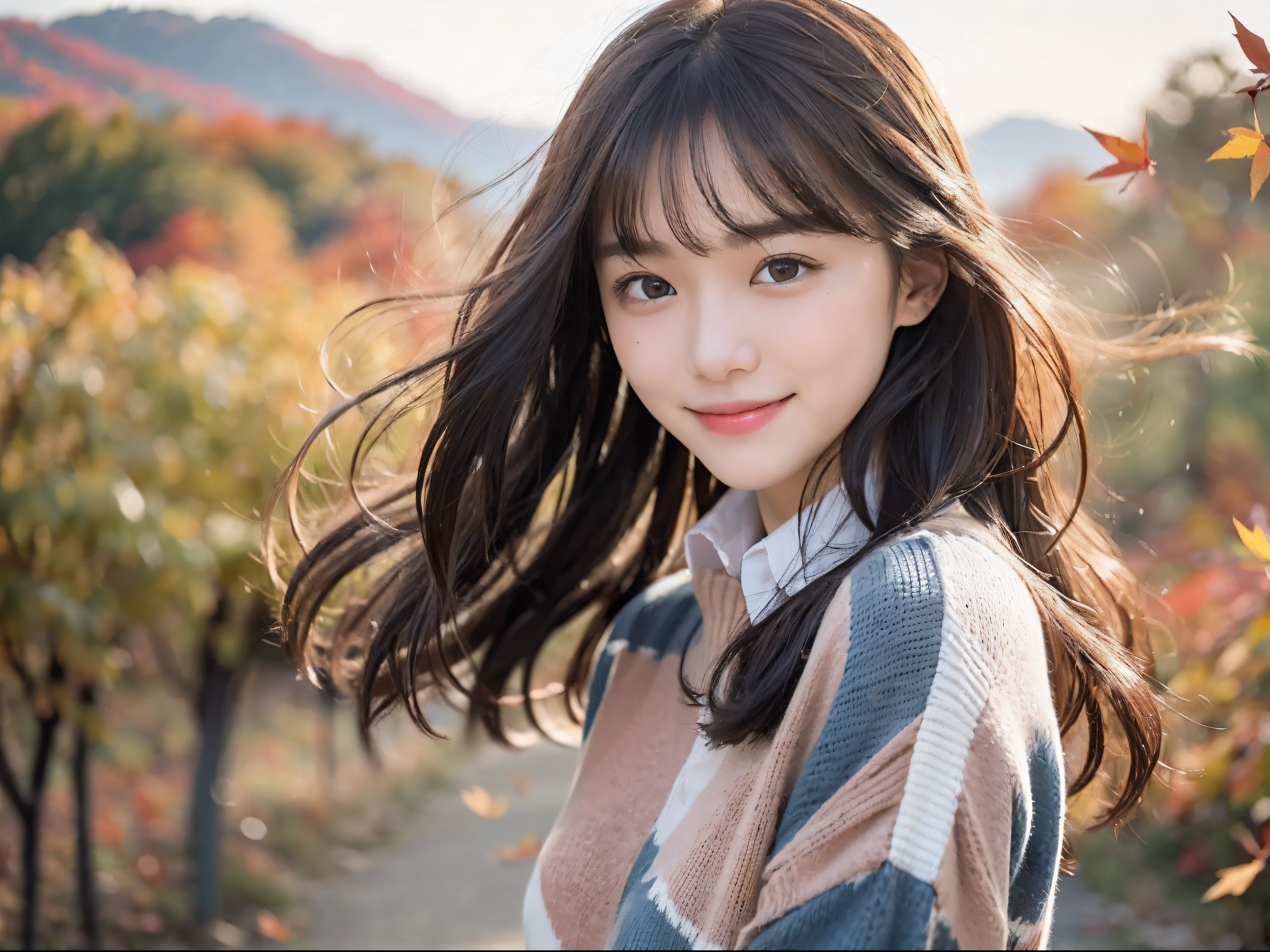 (Close up portrait of one girl with slender small breasts and very long hair in colorful autumn shirt and sweater:1.5)、(Smiling girl with hair fluttering in the wind stands on the edge of screen:1.3)、(Wonderfully beautiful autumn leaves on mountain background :1.3)、(Perfect Anatomy:1.3)、(complete hands:1.3)、(complete fingers:1.3)、Photorealsitic、Raw photography、masutepiece、top-quality、hight resolution、delicate and pretty、face perfect、Beautiful detailed eyes、Fair skin、Real Human Skin、pores、((thin legs))、(Dark hair)