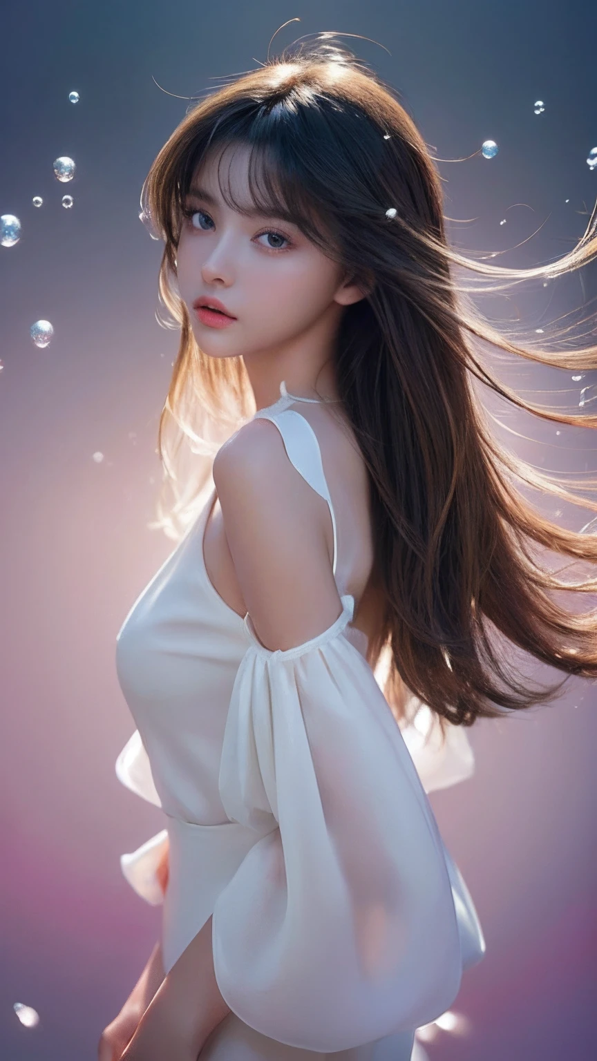 (masterpiece), (best quality), (ultra-detailed), (tousled hair), (illustration), (one girl), (fashionable clothes), standing, fashion model, looking at the viewer, (interview), (simple background), beautiful fine eyes, delicate face, floating, (high saturation), (colorful splashes), colorful bubbles, (glow), focus on face,