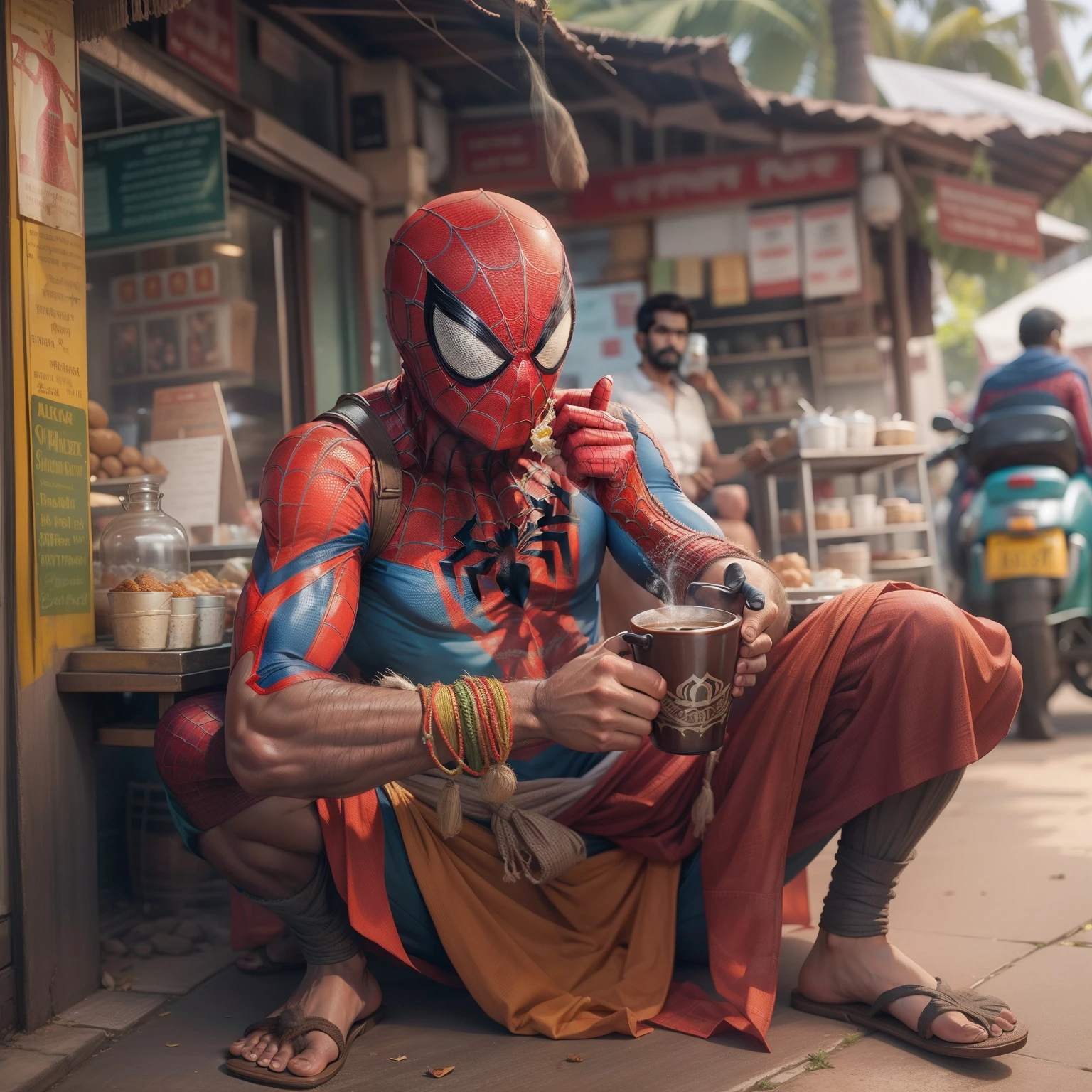 Spiderman, wearing a kerala mundu(dhoti), drinking chai, from a chai shop in kerala