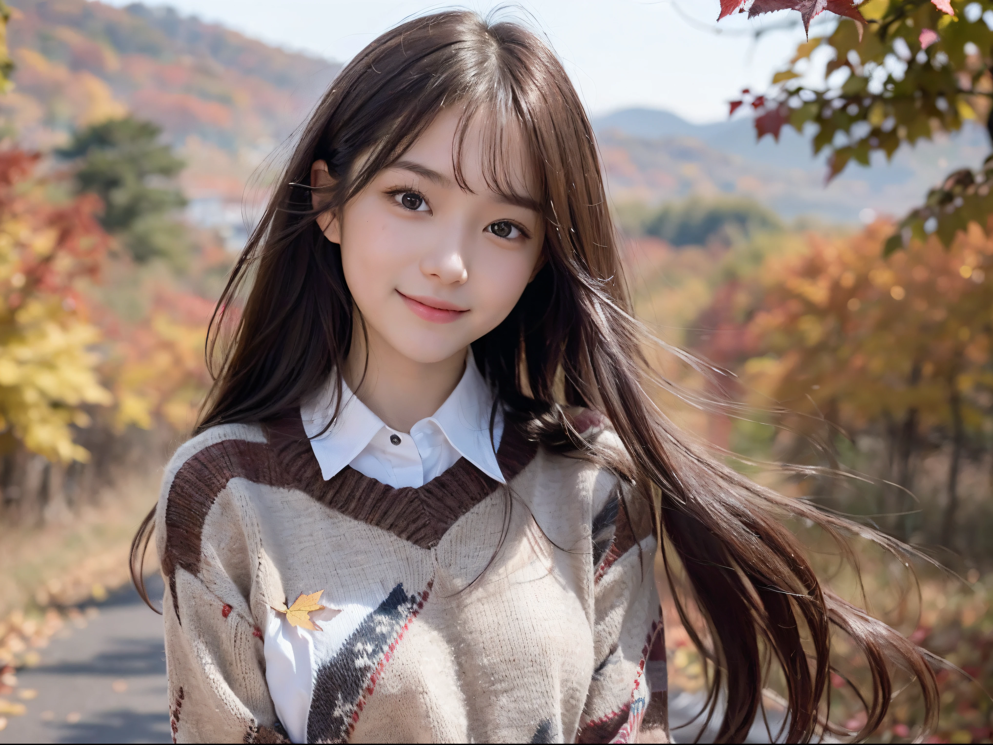 (Close up portrait of one girl with slender small breasts and very long hair in colorful autumn shirt and sweater:1.5)、(Smiling girl with hair fluttering in the wind stands on the edge of screen:1.3)、(Wonderfully beautiful autumn leaves on mountain background :1.3)、(Perfect Anatomy:1.3)、(complete hands:1.3)、(complete fingers:1.3)、Photorealsitic、Raw photography、masutepiece、top-quality、hight resolution、delicate and pretty、face perfect、Beautiful detailed eyes、Fair skin、Real Human Skin、pores、((thin legs))、(Dark hair)