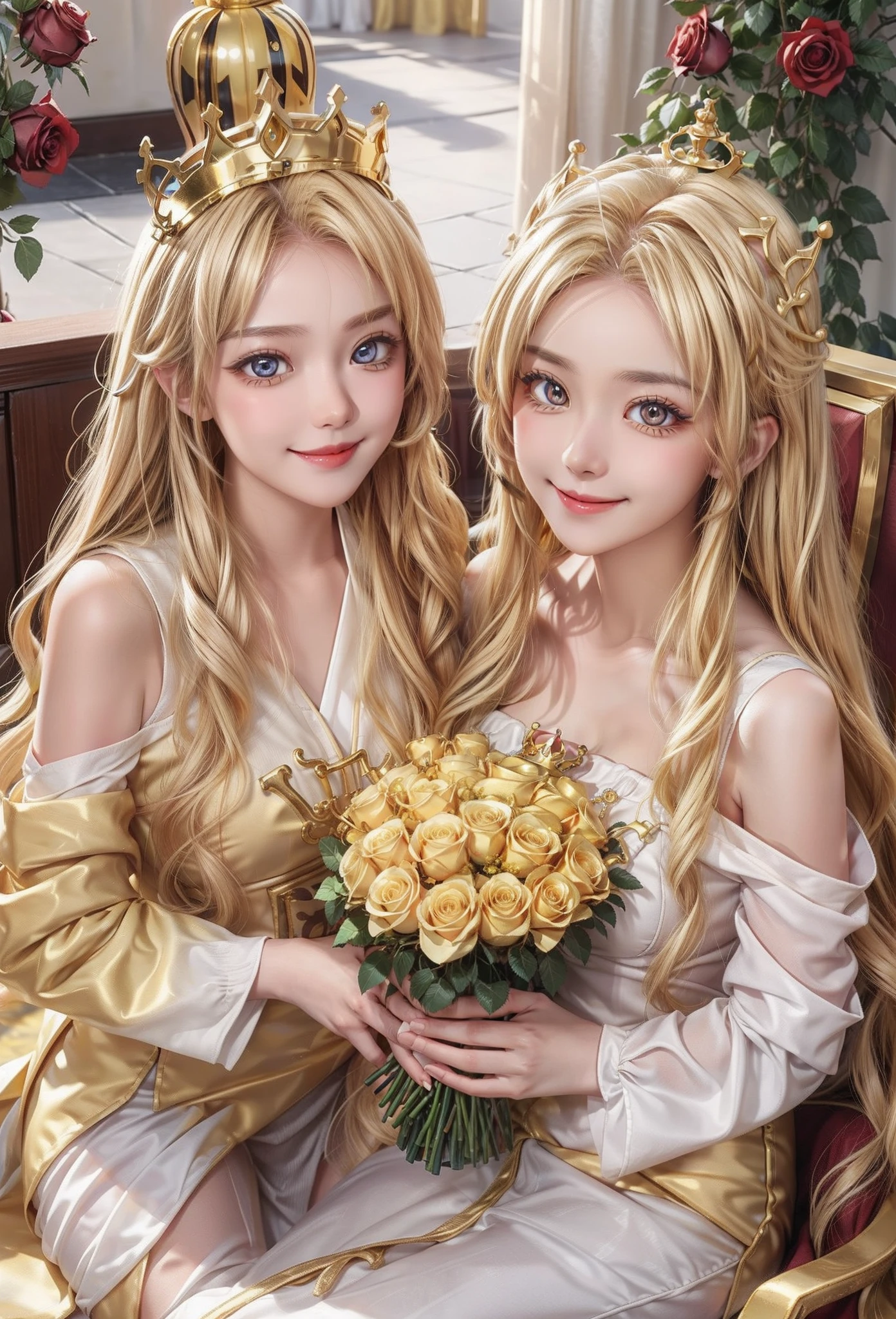 Only the smile of 2 cute girls、duo,Golden eyes、Golden hair、full of roses、crowns、