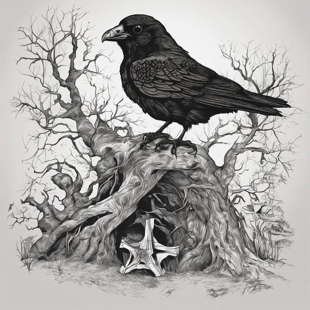 a black bird sitting on top of a skull next to a tree, crows as a symbol of death, arte escura altamente detalhada, just art for dark metal music, arte macabra, Arte digital escura, mas detalhada, vida e morte se misturando, Old - Arte de fantasia sombria da escola, arte macabra de stanat cavado, estilo de arte escuro, Fantasia sombria misturada com realismo