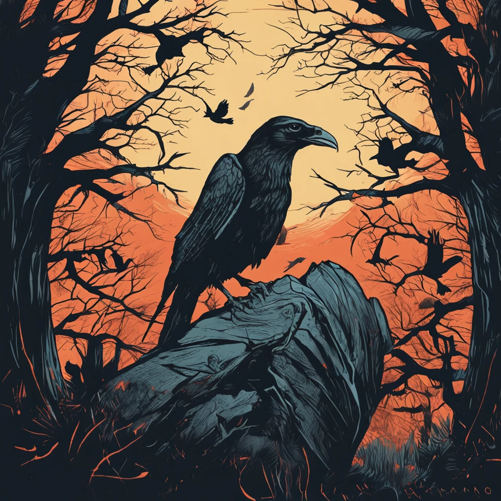 a black bird sitting on top of a skull next to a tree, crows as a symbol of death, arte escura altamente detalhada, just art for dark metal music, arte macabra, Arte digital escura, mas detalhada, vida e morte se misturando, Old - Arte de fantasia sombria da escola, arte macabra de stanat cavado, estilo de arte escuro, Fantasia sombria misturada com realismo